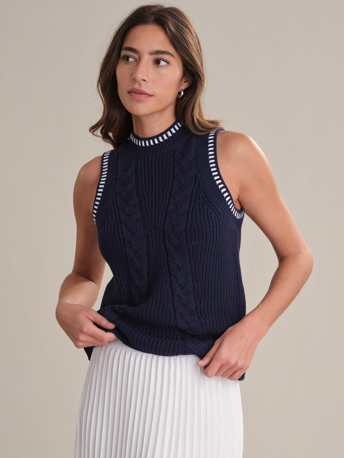 Demi Women's Contrast Tipping Cable Knit Tank Top - Soft Stretch Summer Casual T-Shirt for Workout, Layering & Everyday Wear