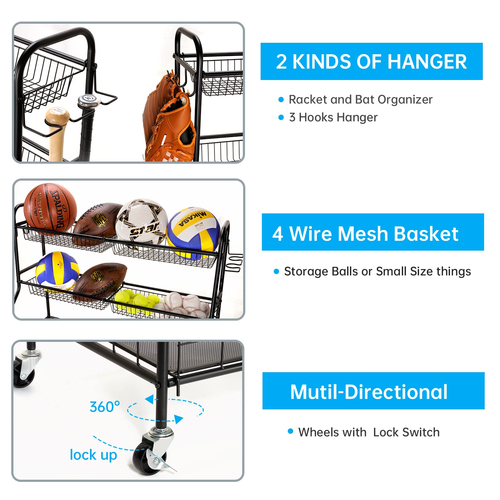 Garage Sports Equipment Organizer - Heavy Duty Steel Ball Storage Rack & Toy Organizer with Wheels for Nerf Guns, Basketballs, Soccer Balls - Perfect for School Gym, Playroom & Garage Storage (Black)