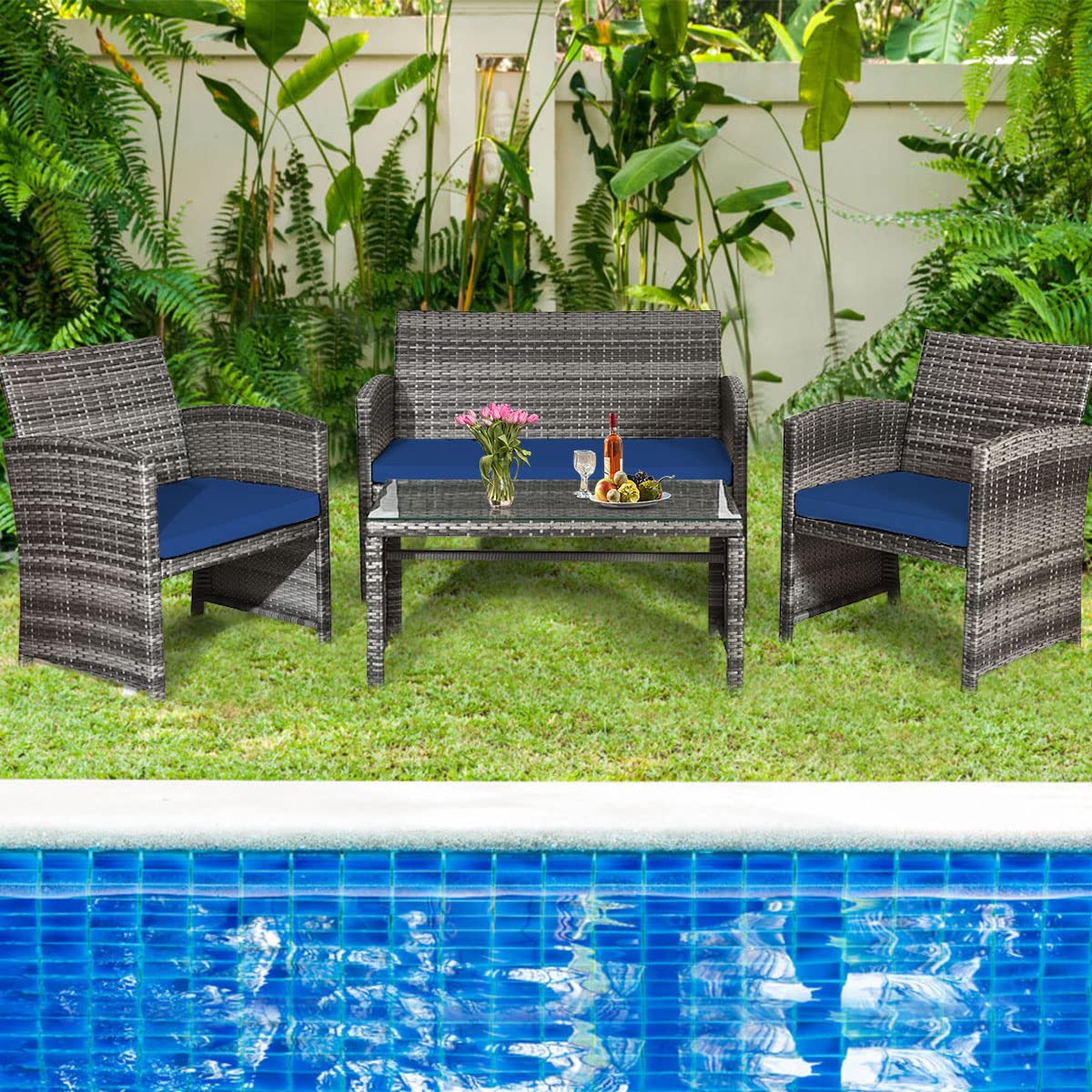 Tangkula 4-Piece Wicker Patio Conversation Set - Outdoor Rattan Sofa Set with Coffee Table & Soft Cushions, Durable Patio Furniture for Poolside, Balcony, Garden or Backyard Relaxation