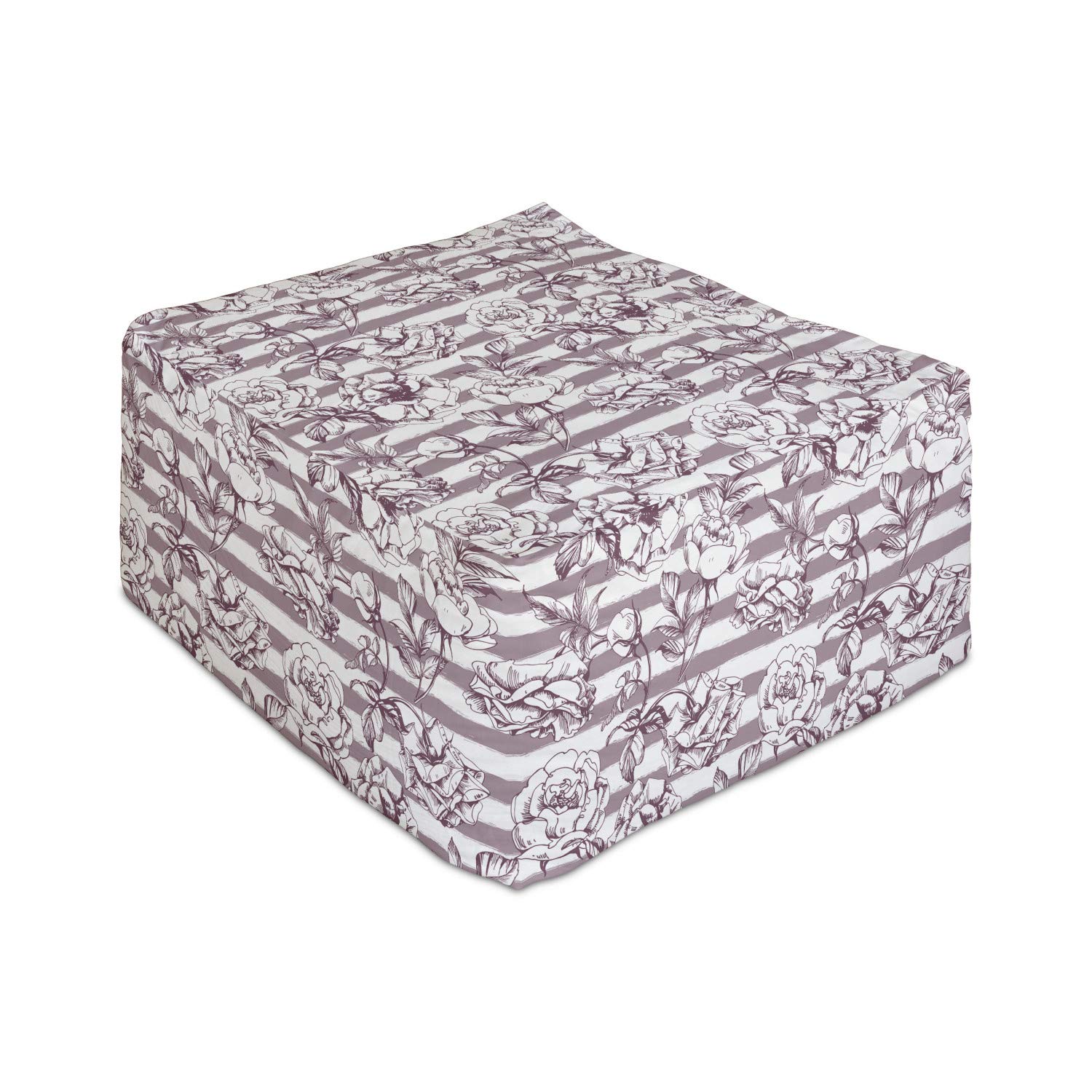Ambesonne Floral Rectangle Pouf Ottoman - Wild Peonies on Grunge Stripes Design, 25 Inch Foot Rest Stool with Removable Cover in Grey Pink Warm Taupe - Perfect for Living Room, Office & Under Desk Use