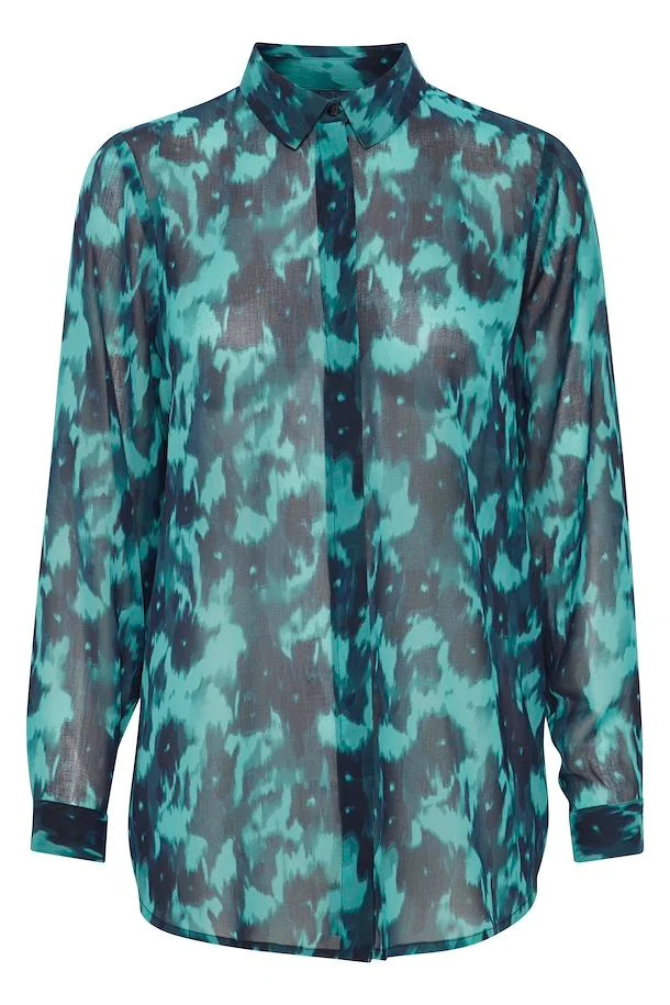 Floral Print Shirt for Women - Green, Blue, Slate Flower Design - Perfect for Spring Outfits, Casual Wear & Office Attire