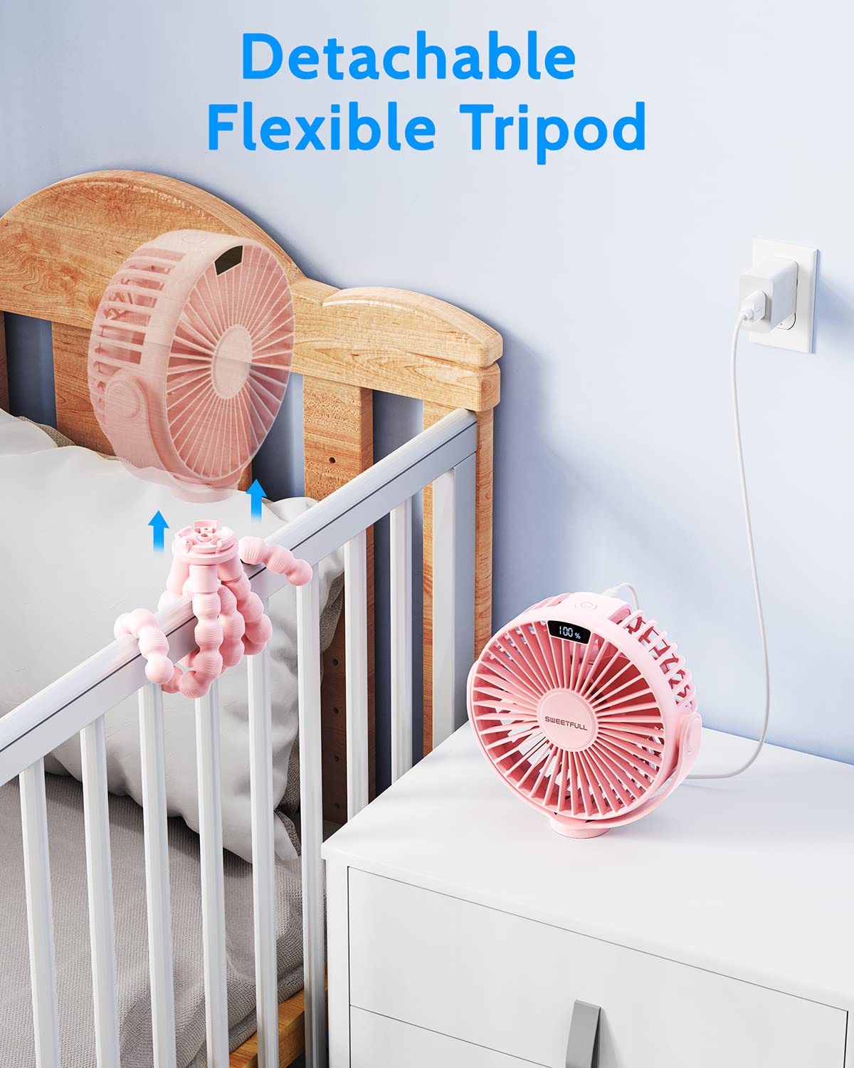 SWEETFULL Portable Stroller Fan with LED Display - 4000mAh Rechargeable Battery, 4 Speed Mini Clip Fan - Handheld Personal Cooling Fan for Baby Stroller, Car Seat, Crib, Office Desk, Treadmill & Travel - Pink (Ideal for Outdoor Activities, Home & Office Use)