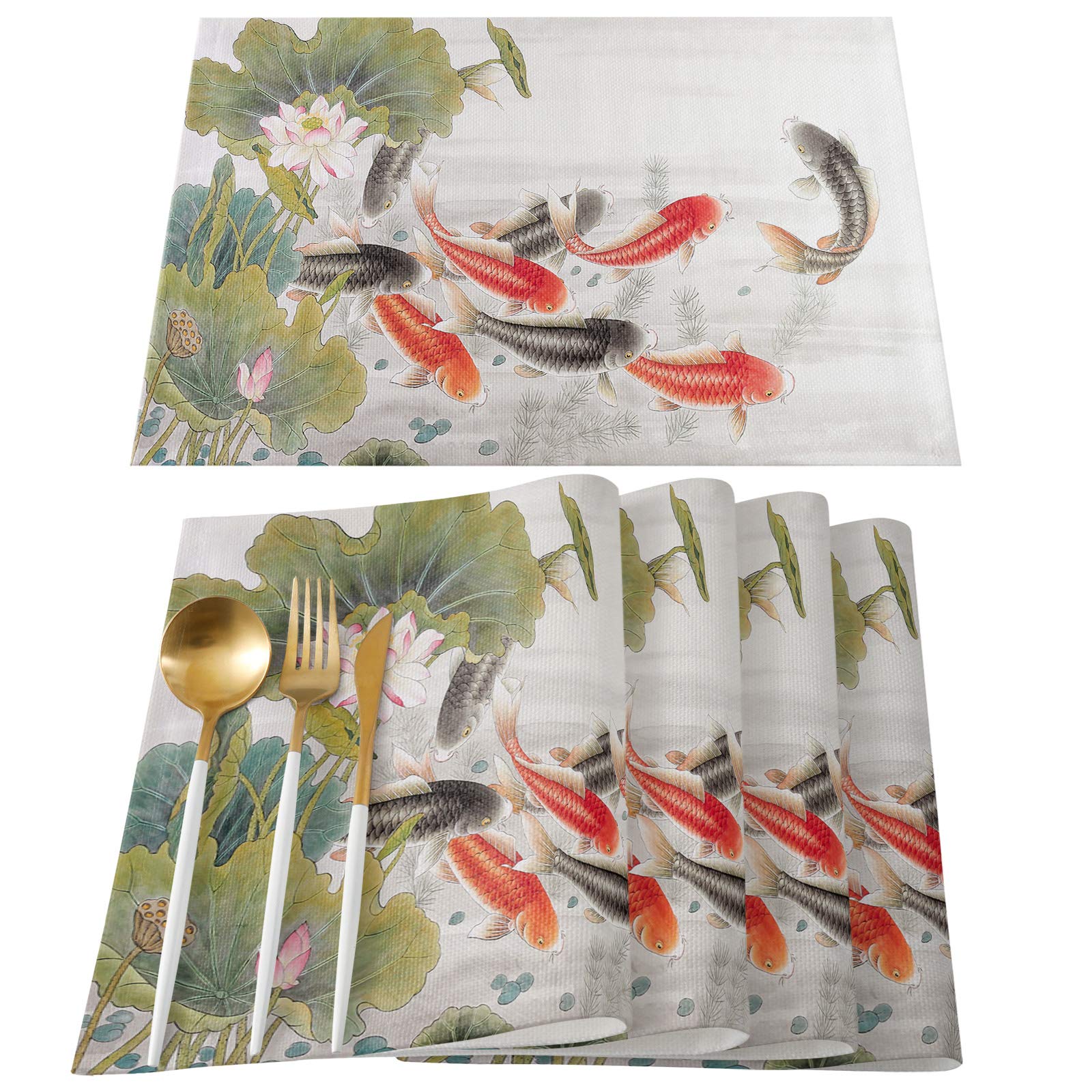 Lotus Flower and Fish Heat Insulation Table Placemats Set of 4 - Non-Slip Washable Dining Mats for Wedding, Holiday Party & Kitchen Table Decor - Perfect for Everyday Meals, Dinner Parties, and Special Occasions