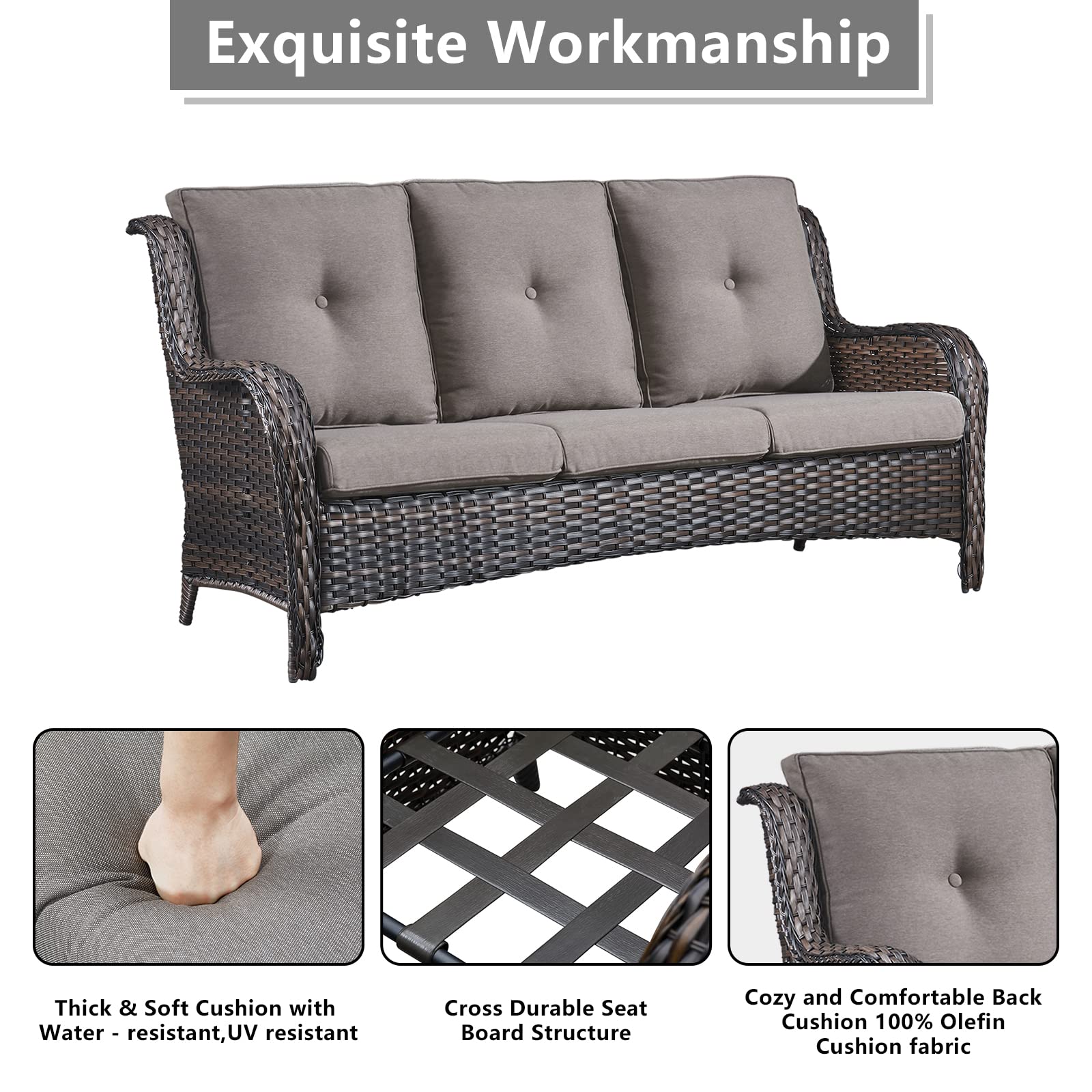 3-Seater Outdoor Patio Sofa - Deep Seating Rattan Wicker Couch with Cushions for Garden, Porch & Backyard (Brown/Grey) - Perfect for Relaxing, Entertaining & Lounging in Your Outdoor Space