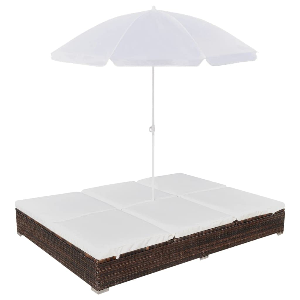 Brown Poly Rattan Adjustable Reclining Patio Lounge Bed with Umbrella - Perfect for Outdoor Relaxation in Garden, Beach, Poolside, Lawn, and Sunbathing Areas