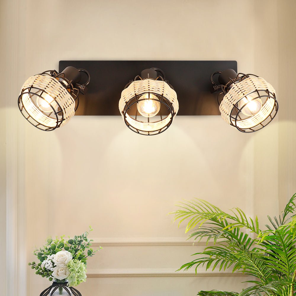 Depuley Rustic Metal and Rattan 3-Light Wall Sconce with Adjustable Direction Lampshades - Perfect for Farmhouse, Bedroom, Living Room, and Hallway Lighting