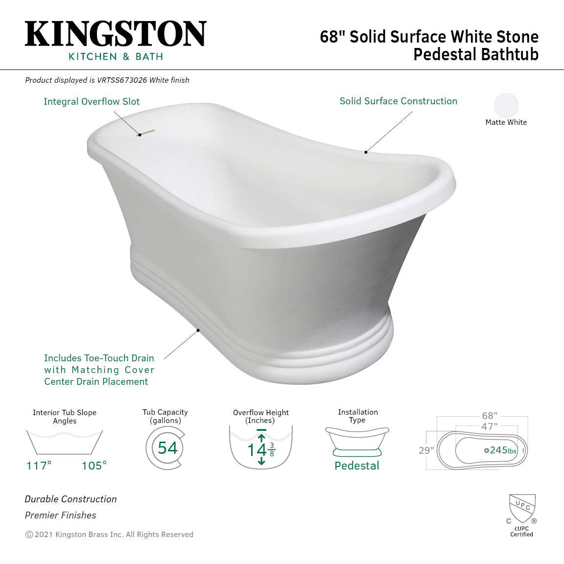 Arcticstone VRTSS673026 68-Inch Solid Surface Oval Freestanding Bathtub - Glossy White/Matte White Slipper Pedestal Tub with Drain (No Faucet Holes) | Perfect for Modern Bathrooms, Spa Retreats & Luxury Home Renovations
