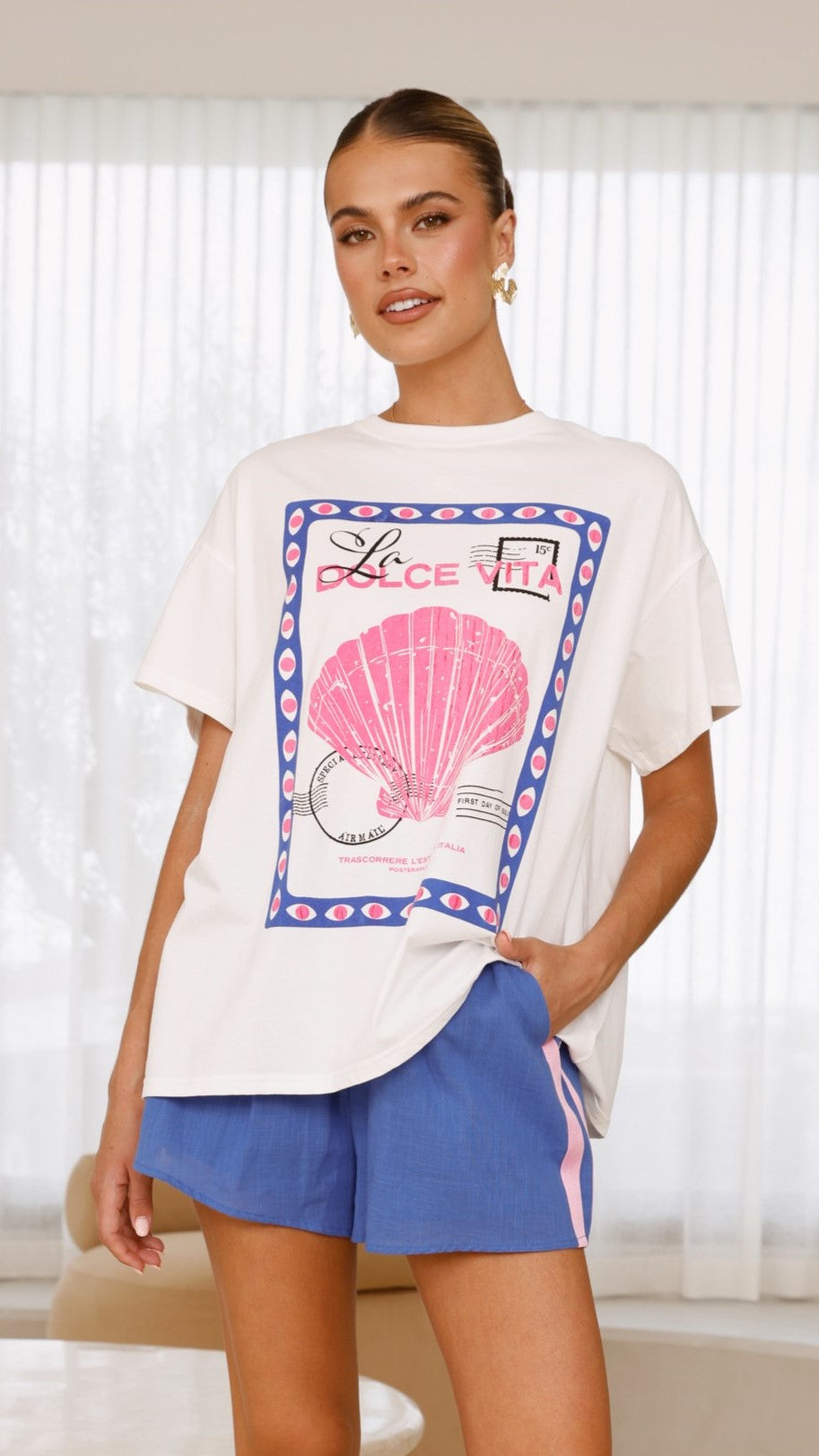 La Dolce Women's Top and Shorts Set - Pink & Blue Outfit for Summer, Beach, and Casual Wear