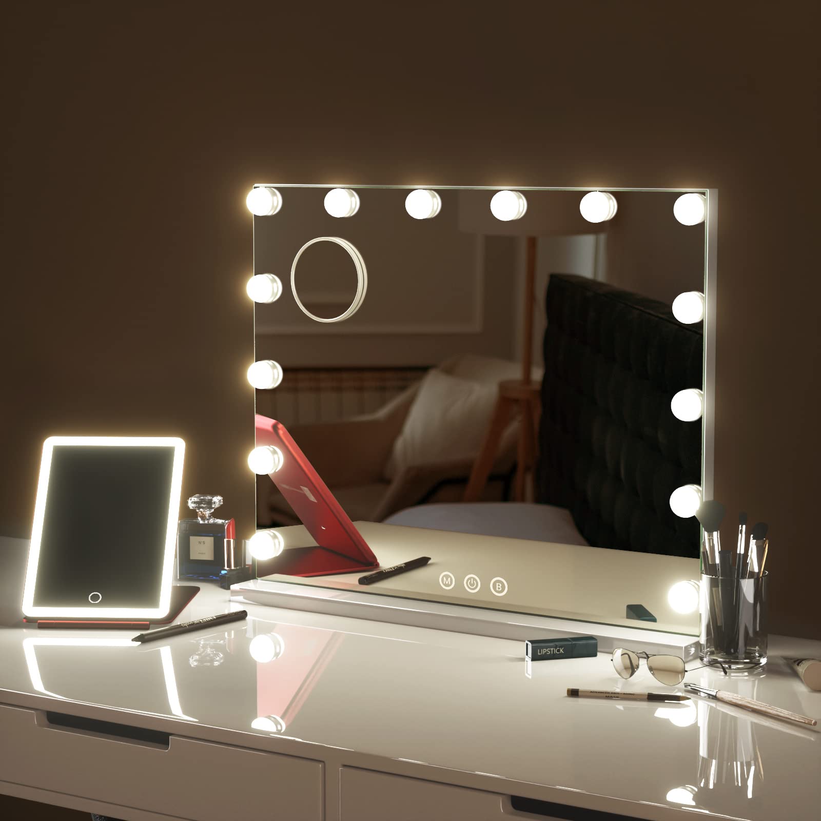 Hollywood Vanity Mirror with Lights - 14 Dimmable LED Makeup Mirror for Bedroom & Dressing Room, Tabletop or Wall Mounted (19.6x16.5