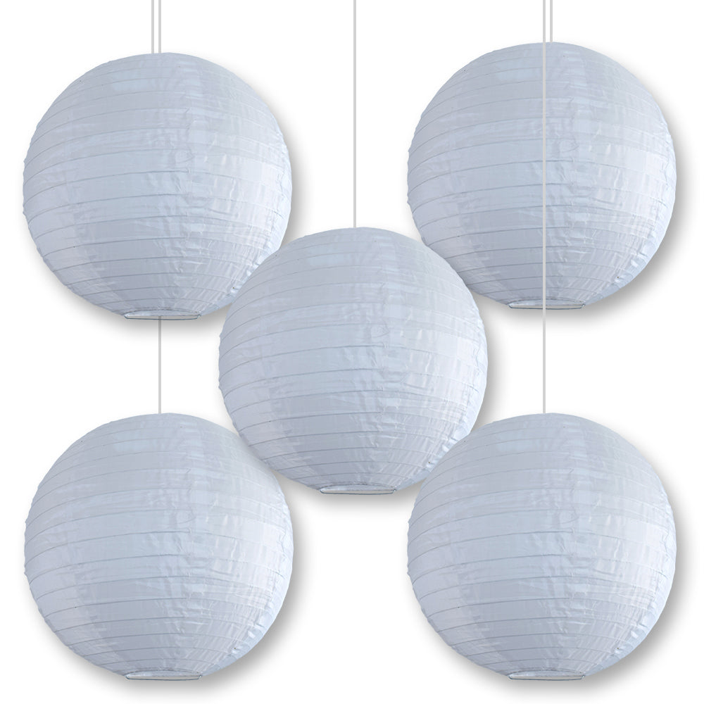 5 Pack White Shimmering Nylon Lanterns - Even Ribbing Design, Durable Hanging Decor for Wedding, Party & Outdoor Events