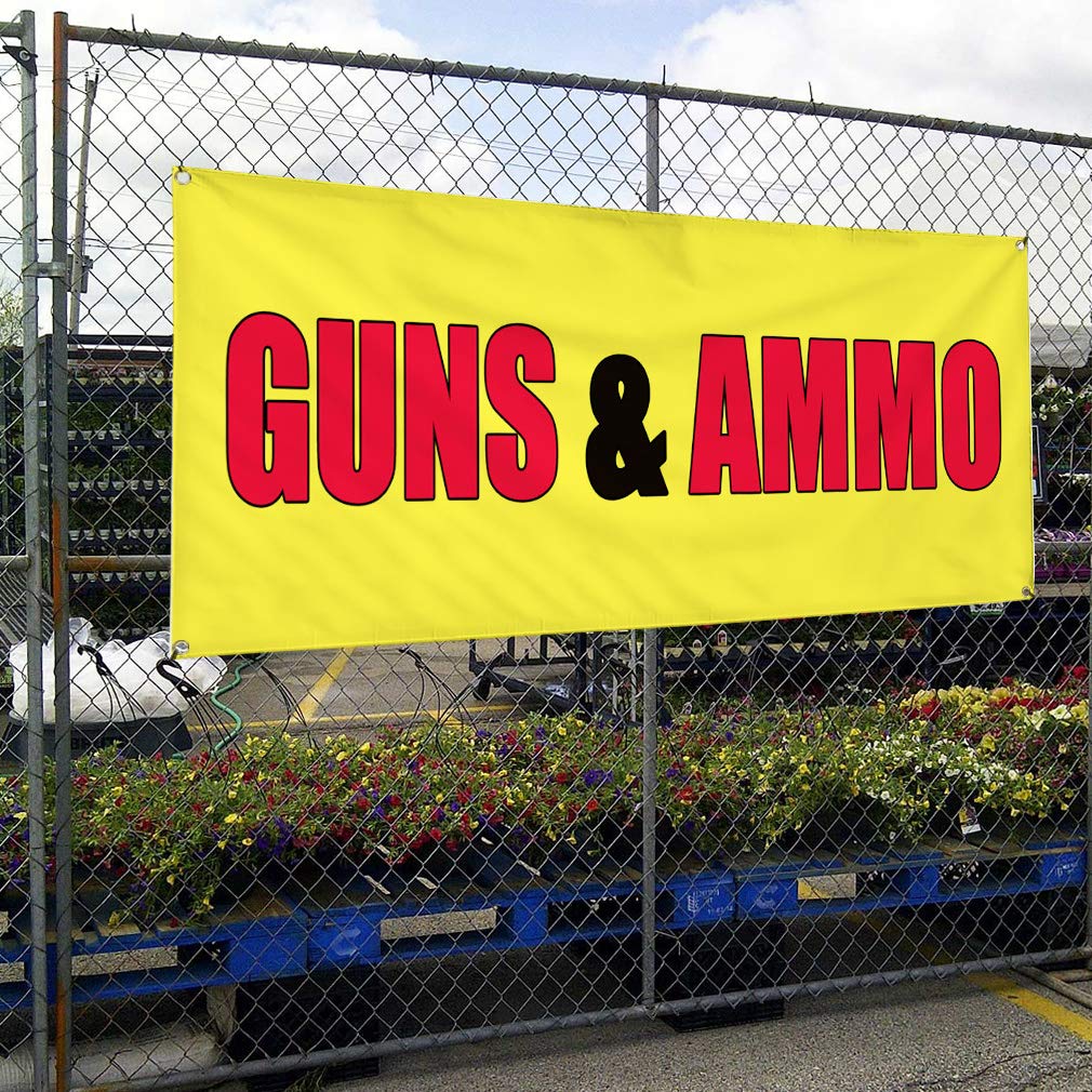 Vinyl Banner 12x30 Inches - Guns & Ammo Promotion, Weatherproof Outdoor Sign for Military & Business
