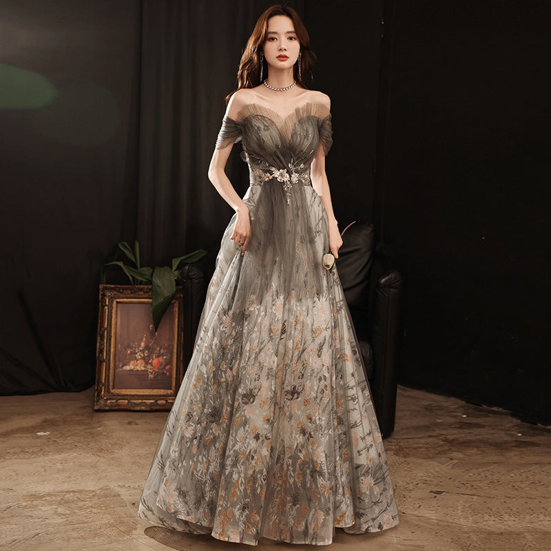 Elegant Off Shoulder Tulle Prom Dress - A-Line Gray Formal Evening Gown for Homecoming, Wedding & Special Occasions | Style 679