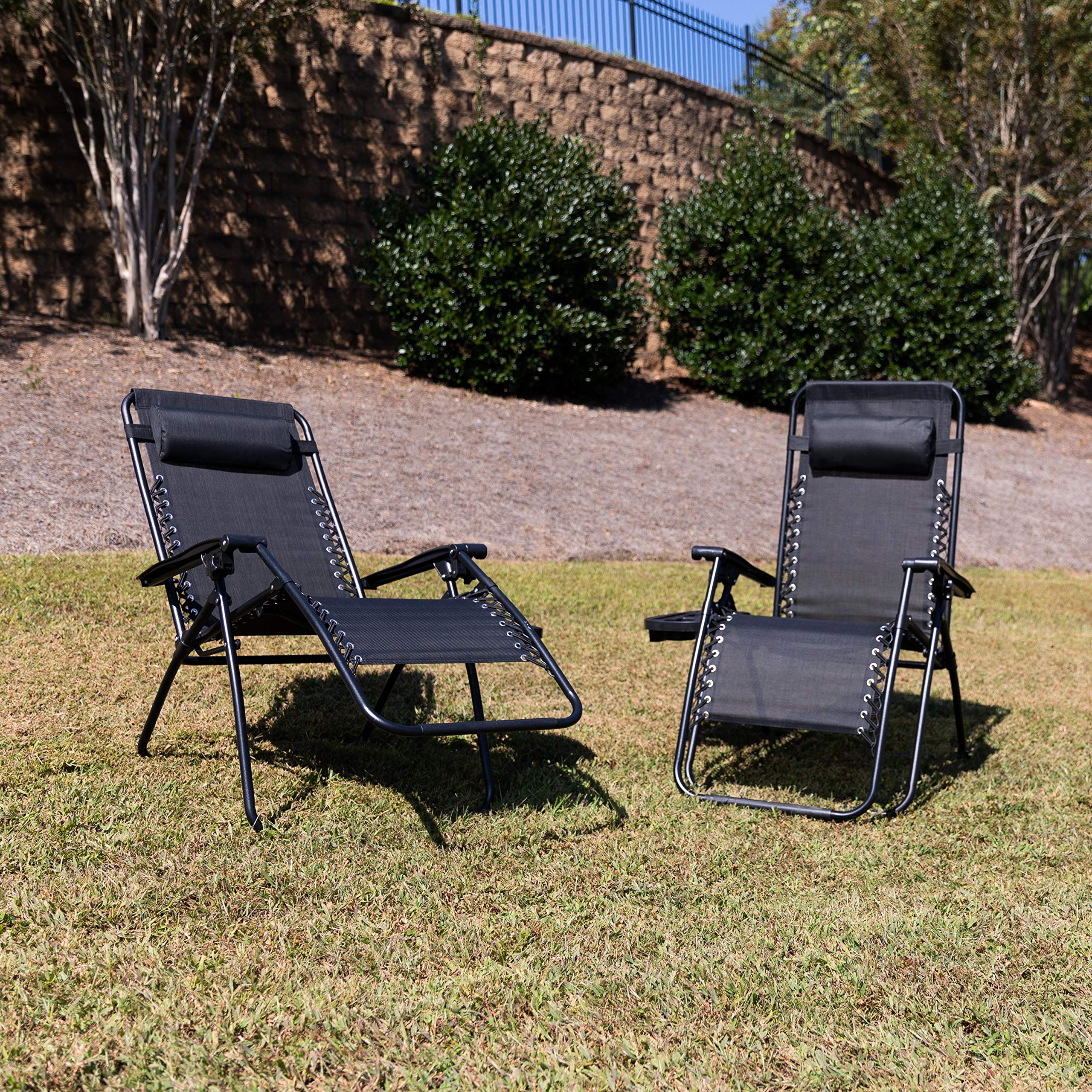 EMMA + OLIVER 2 Pack Adjustable Zero Gravity Lounge Chairs with Mesh Fabric & Cup Holder Tray - Outdoor Patio Furniture for Poolside, Beach, Garden Relaxation - Black