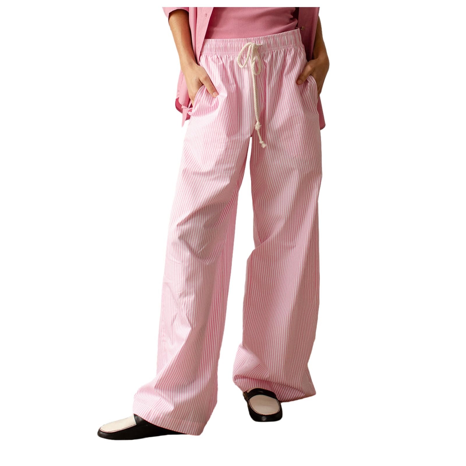 Miqil Women's Y2K Striped Wide Leg Pants - High Waist Loose Lounge Pants with Drawstring | Casual Streetwear Pinstripe Print Trousers for Everyday Wear, Work & Outfits