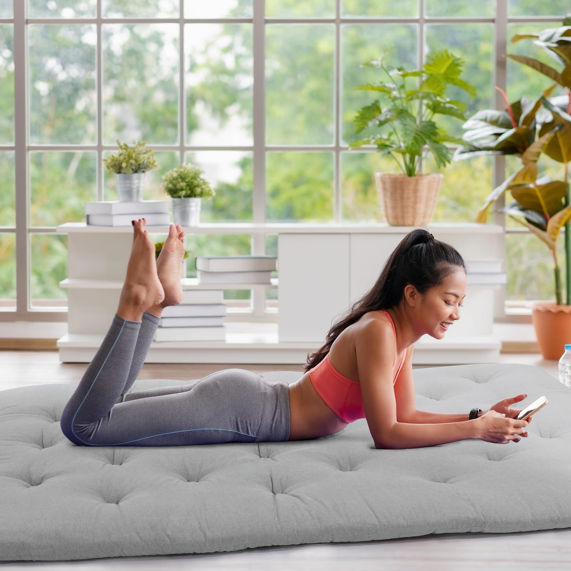 Japanese Floor Mattress Twin Size - Foldable Tatami Mat with 100% Cotton Shell - Futon Mattress & Dorm Sleeping Pad - Roll Up Floor Lounger Bed for Adults & Kids (Grey, 80