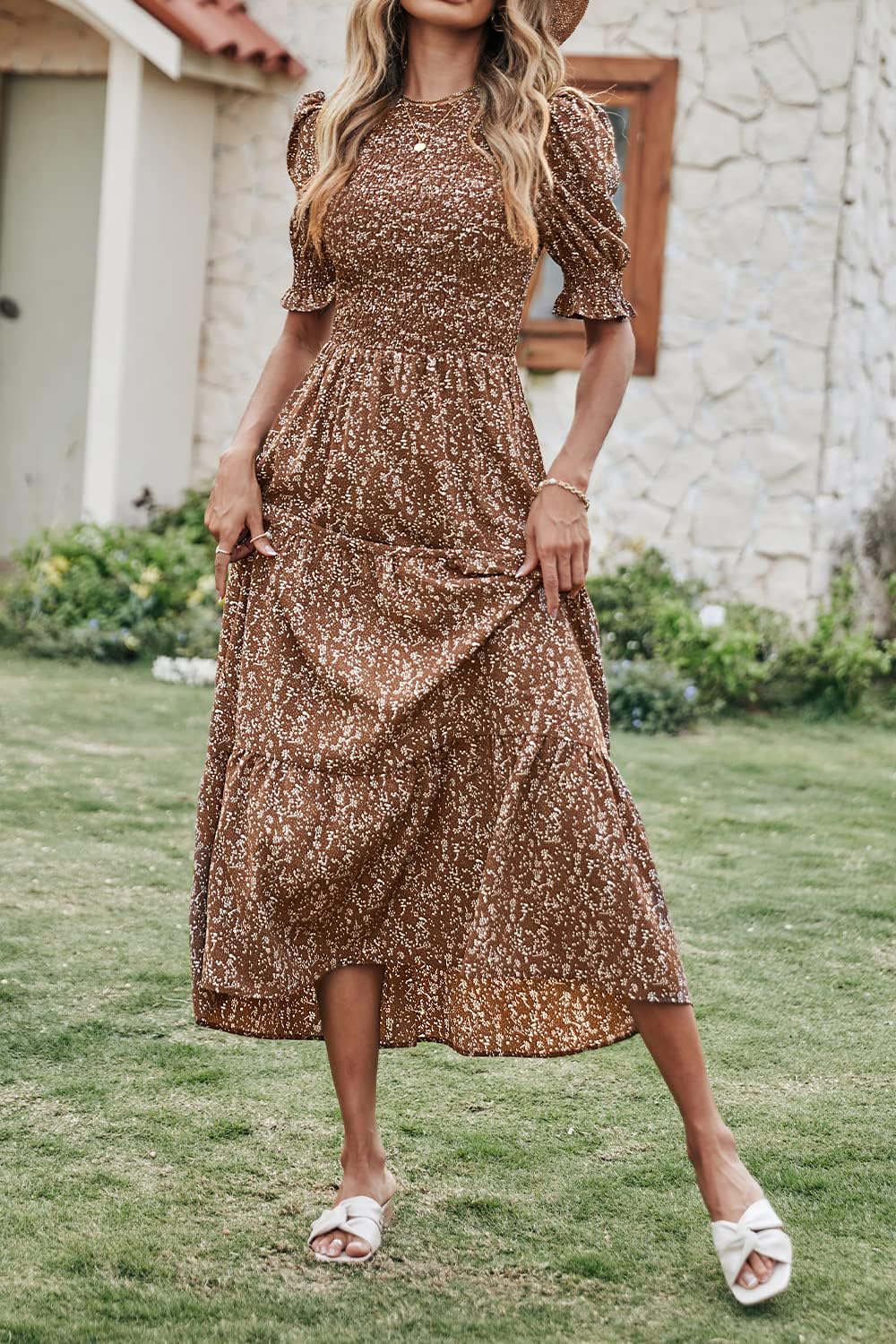BTFBM Women's Casual Summer Floral Print Maxi Dress - Crew Neck, Ruffle Short Sleeve, Smocked Waist, Boho Style for Spring/Summer 2025 | Perfect for Beach Vacations, Date Nights & Outdoor Parties