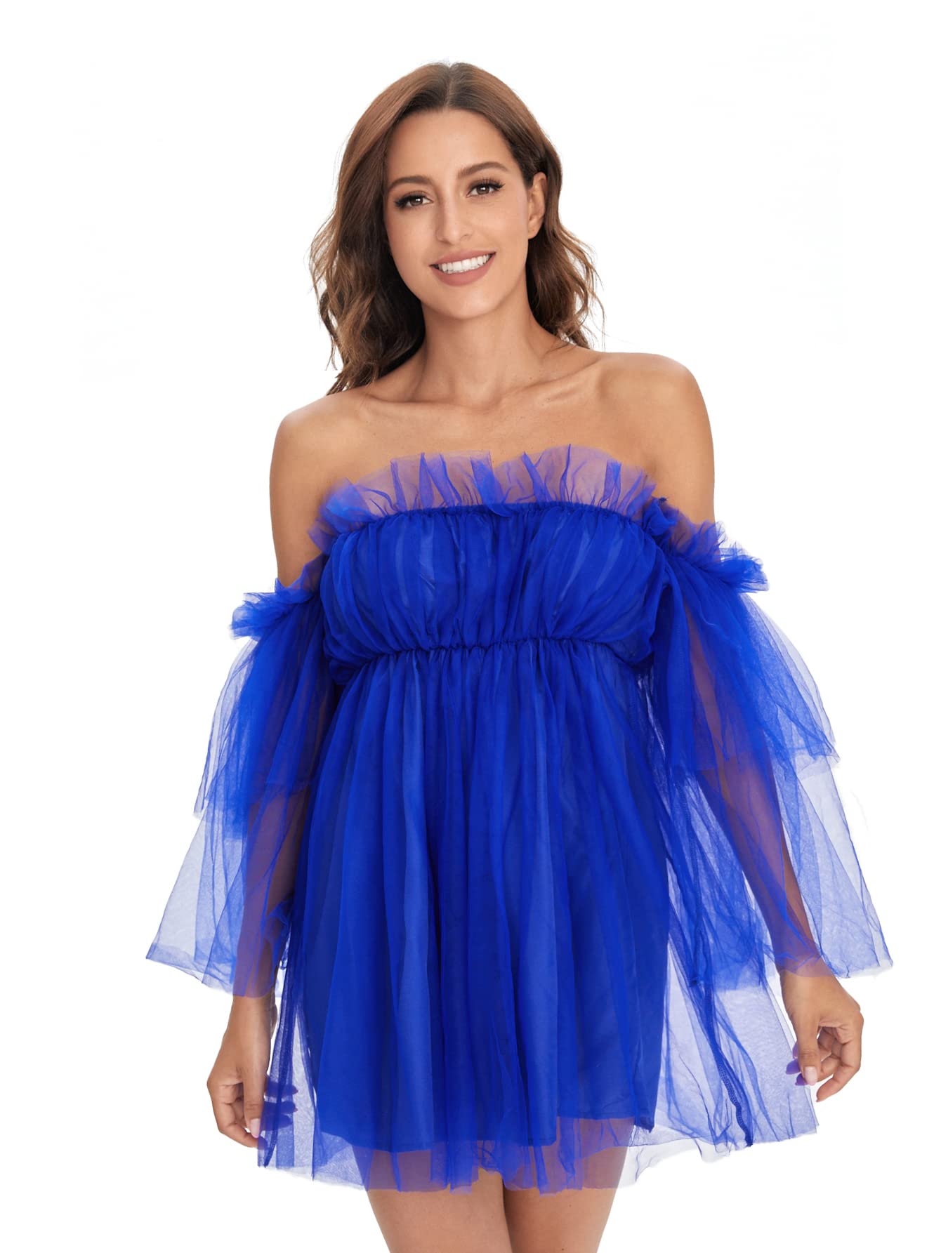 Romwe Women's Romantic Off Shoulder Flounce Long Sleeve Wedding Ruffle Mesh Party Mini Dress - Elegant Evening Gown for Bridal Shower, Prom, Cocktail Party & Date Night