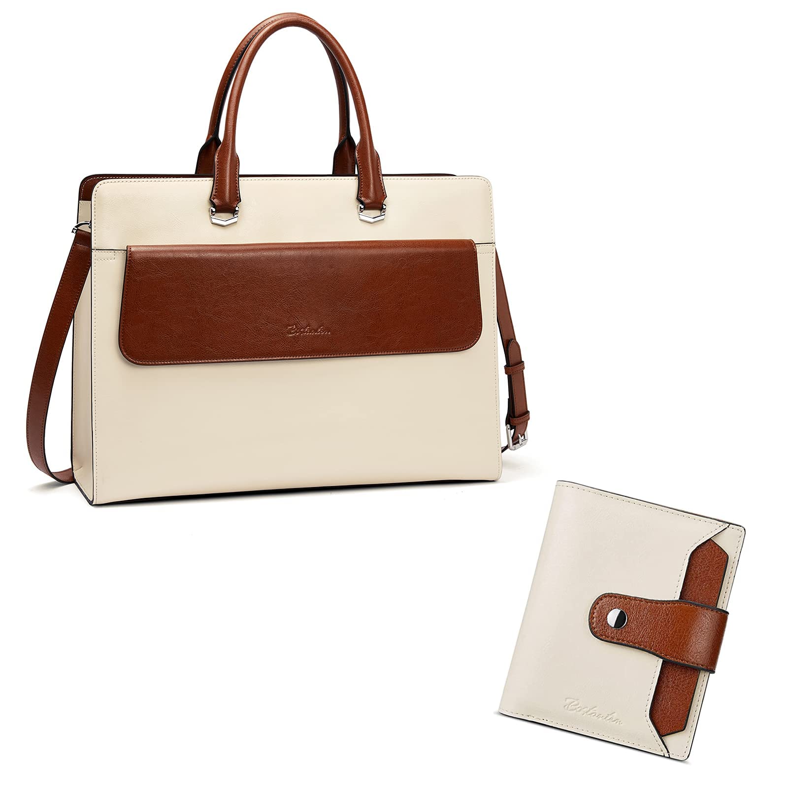 BOSTANTEN Women's 15.6 Inch Leather Laptop Briefcase - Professional Business Messenger Shoulder Bag with RFID Blocking Wallet (Bifold Zipper Card Case with ID Window) - Perfect for Office, Work, Travel & Daily Commute