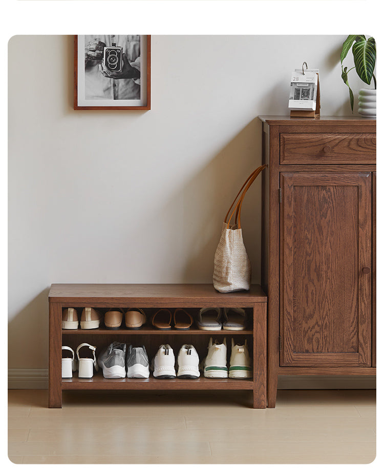 Solid Oak Wood Shoe Bench for Entryway - Durable Shoe Storage Stool for Hallway, Living Room & Bedroom Organization