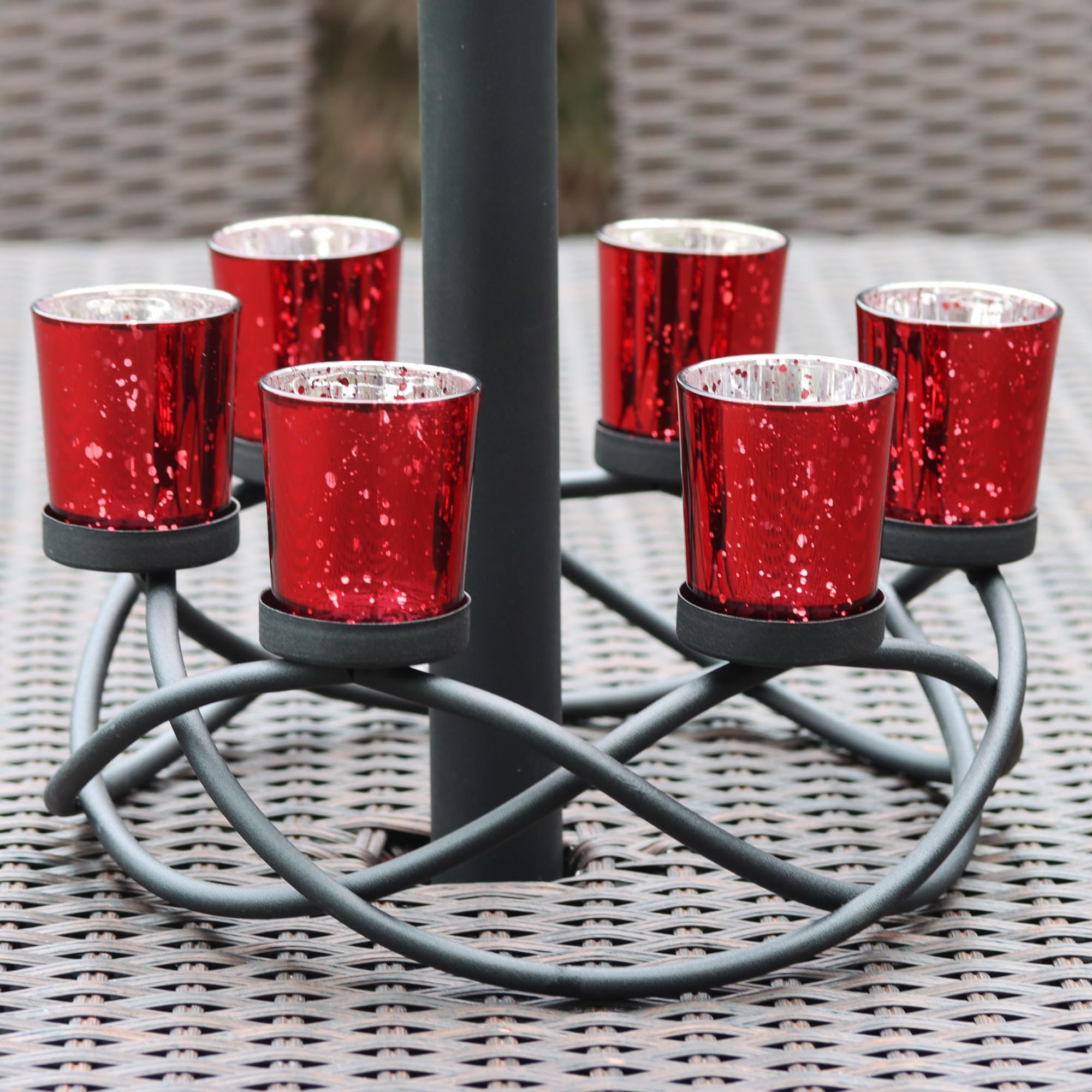 Seraphic Iron Round Table Centerpiece with Glass Votive Tealight Holders - Elegant Black Candle Holder for Weddings, Parties, Outdoor Patio, Kitchen, Dining Room & Coffee Tables (Set of 6 with Red Cups) - Perfect for Romantic Dinners, Holiday Decor & Home Accents