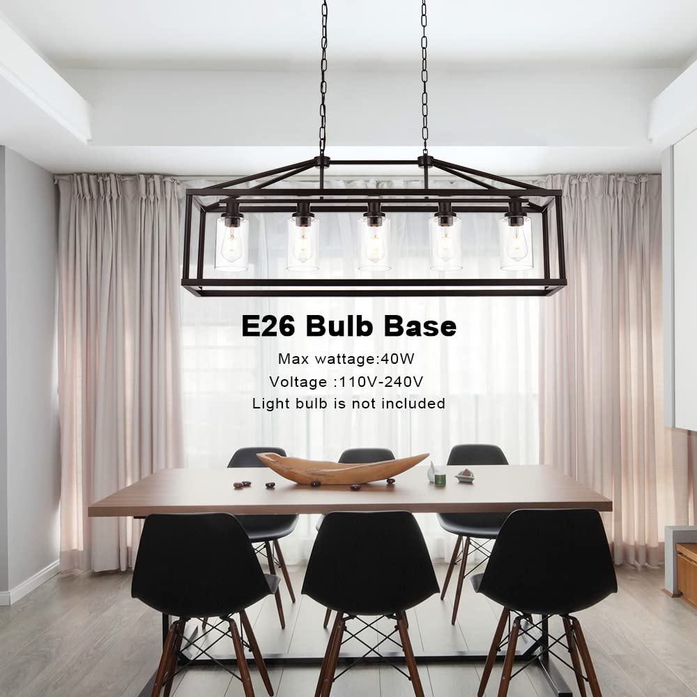 BONLICHT 5-Light Industrial Rustic Farmhouse Chandelier - Modern Rectangle Dining Room Pendant Light Fixture in Oil Rubbed Bronze with Clear Glass Shade - Perfect for Kitchen Island, Hallway, Bar & Farmhouse Decor