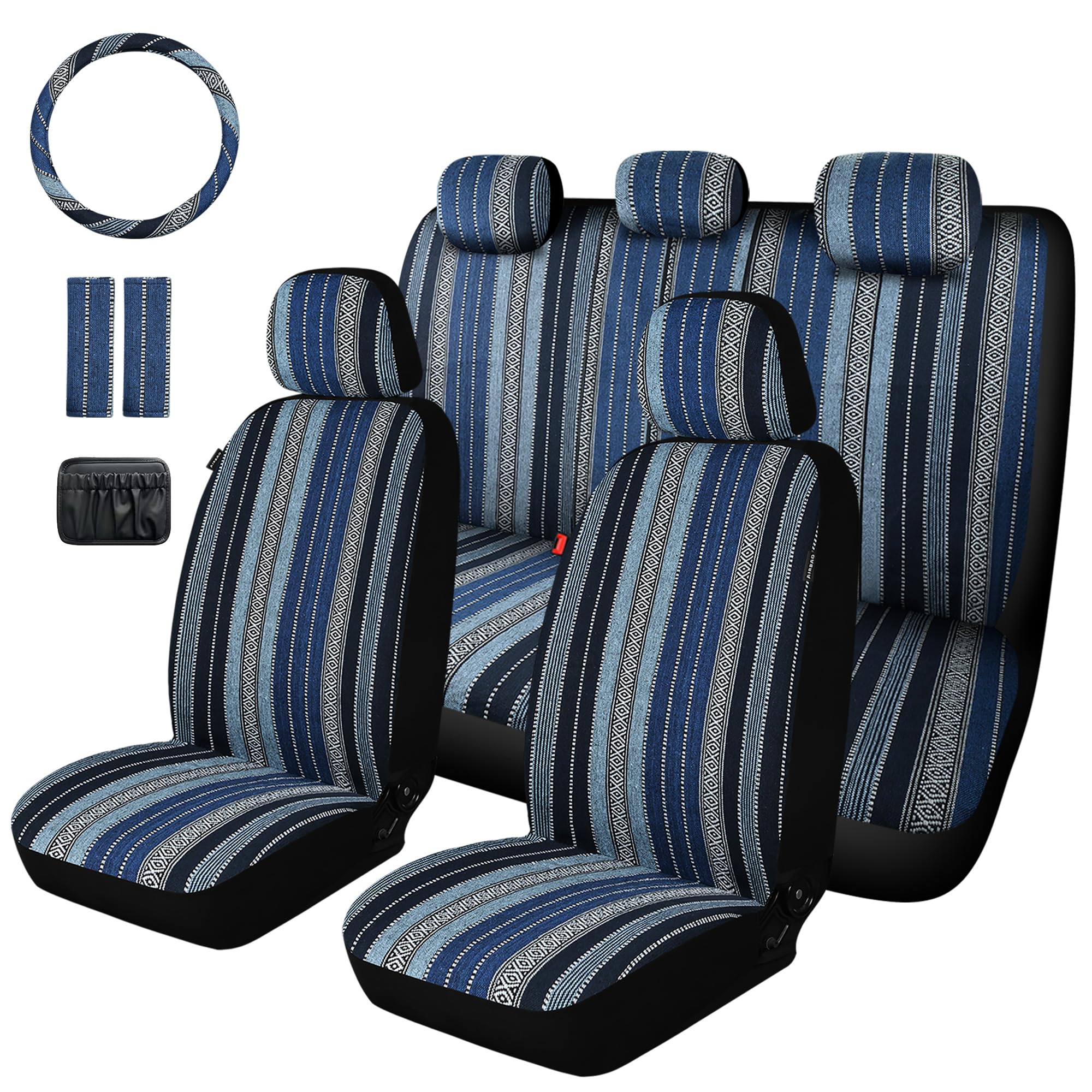 ENOGE Baja Saddle Blanket Seat Covers Full Set - Breathable Bohemian Style Universal Fit for Cars, SUVs, Trucks & Vans (Baja Blue) | Durable & Stylish Protection for Road Trips, Camping & Daily Commute