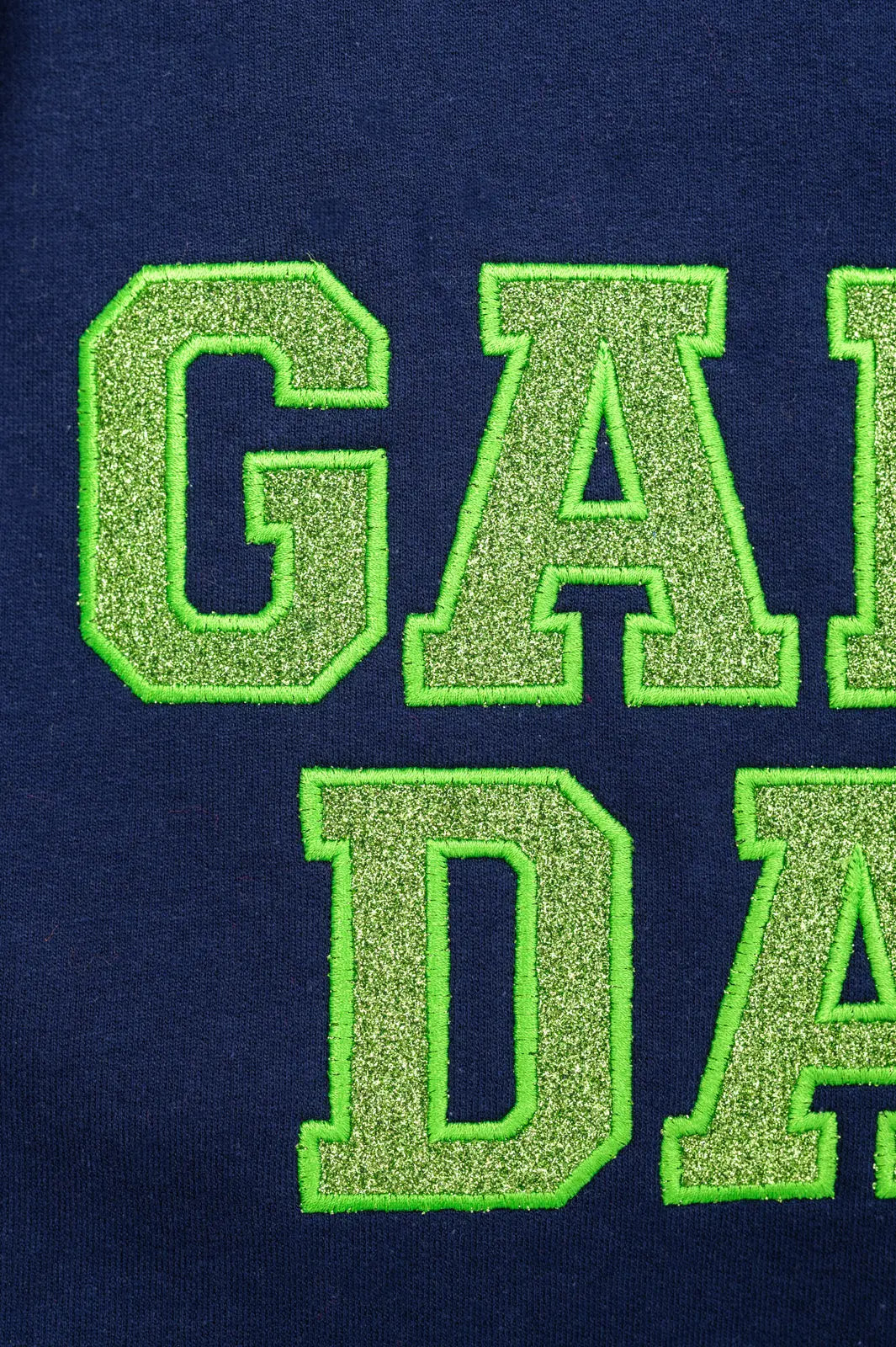 PREORDER: Embroidered Glitter Game Day Sweatshirt - Navy & Green Team Colors - Perfect for Football Tailgates, College Parties & Sports Fan Outfits