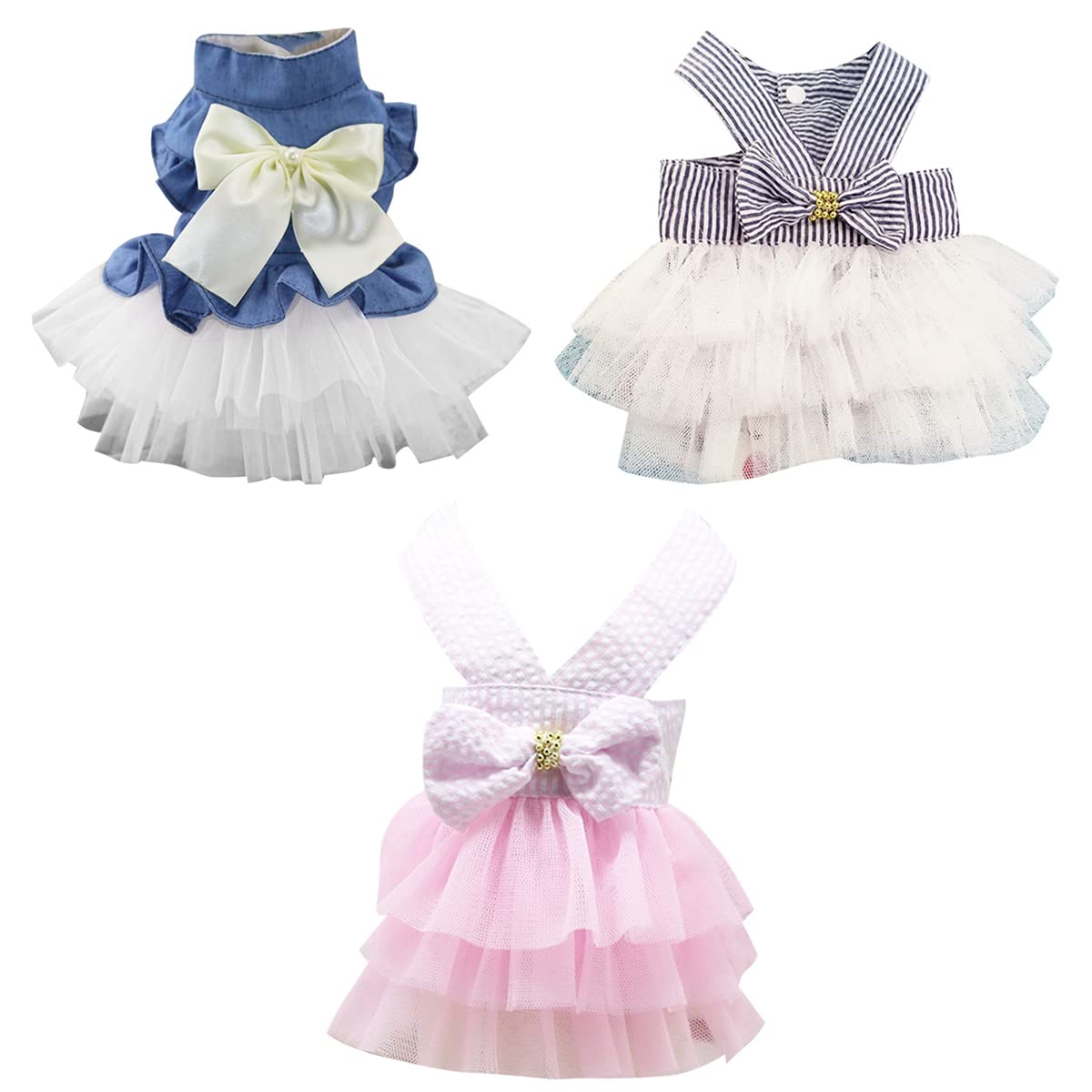 3pcs Elegant Princess Dog Dresses with Bowknot - Summer Pet Apparel for Small Dogs, Teddy & Poodle - Perfect for Parties, Weddings & Special Occasions - Cute Puppy Clothes for Girls & Cats