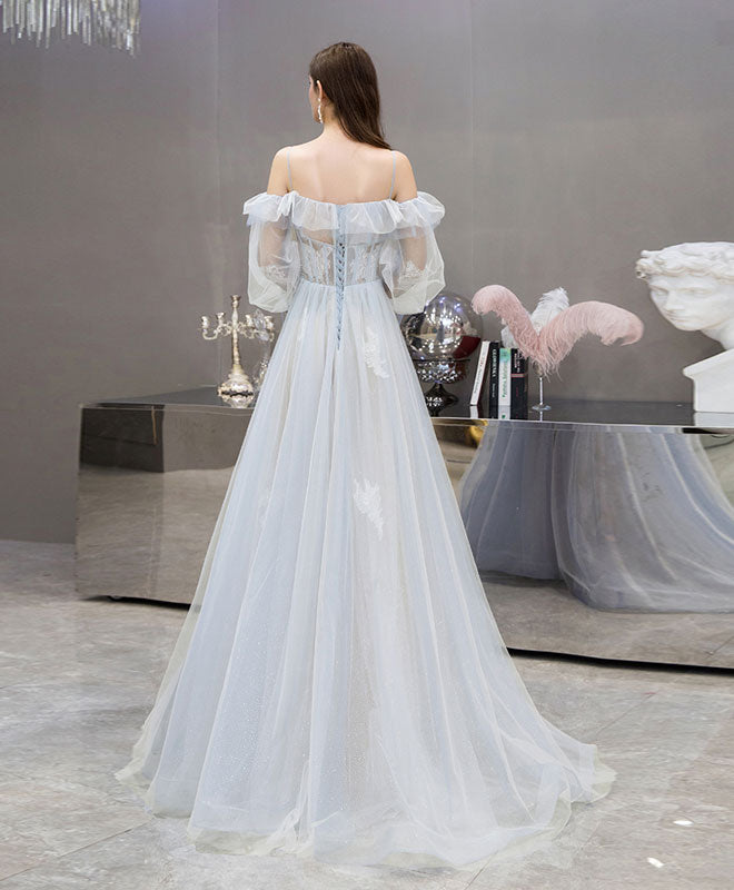 Elegant Blue Tulle Lace Long Prom Dress for Women - Formal Evening Gown for Homecoming, Wedding Guest, or Special Occasions