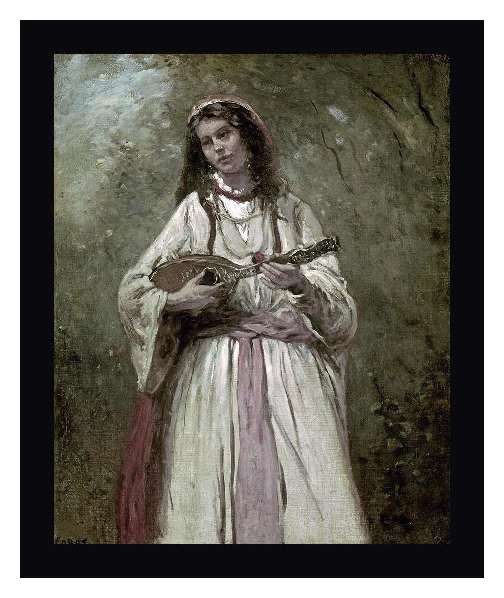 Gypsy Girl With Mandolin by Jean-Baptiste-Camille Corot - 17x20 Inch Framed Canvas Art Print with Black Frame - Ready to Hang Wall Decor for Living Room, Bedroom & Office