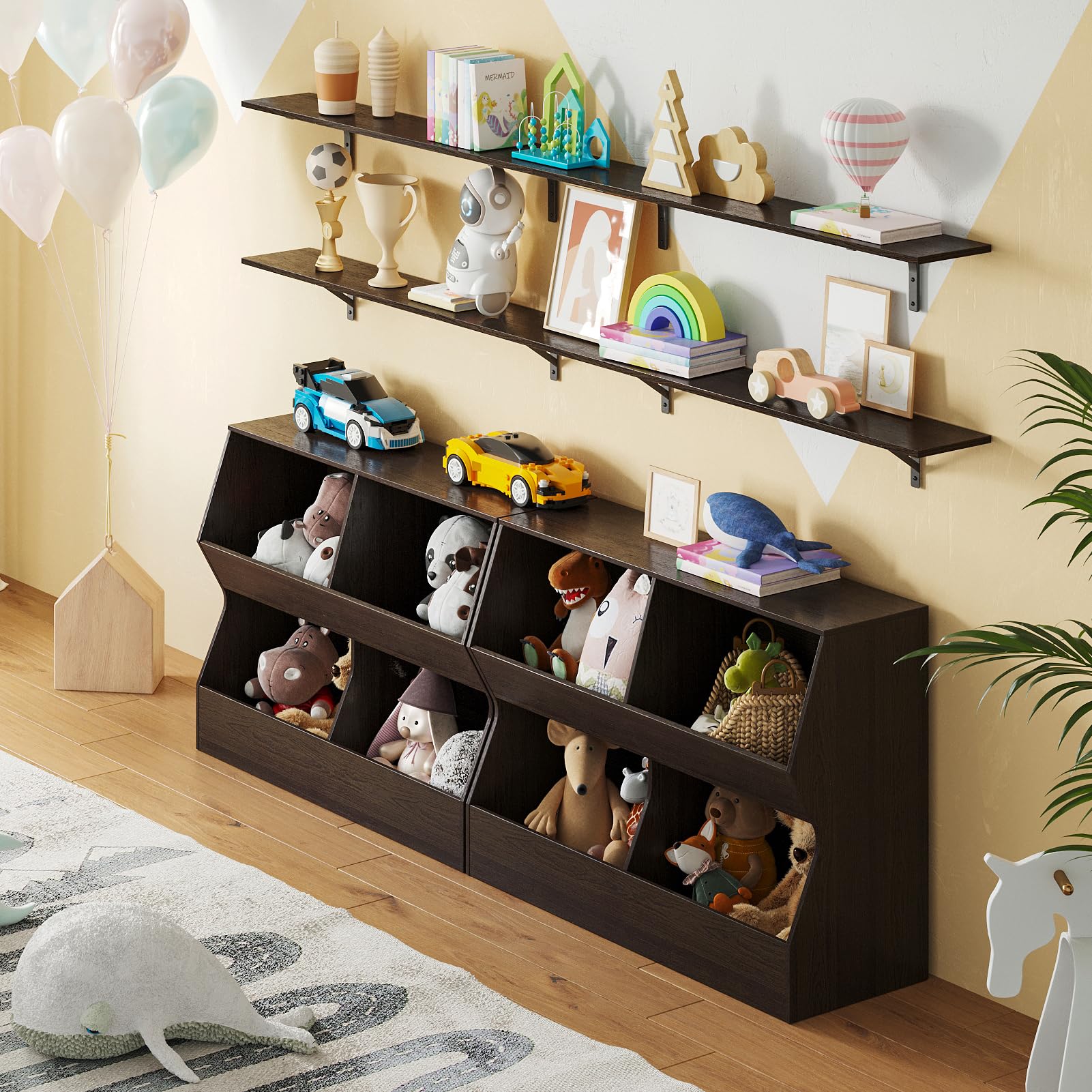 DINZI LVJ 2-Tier Wooden Bookshelf - 4 Cubby Toy Storage Organizer for Bedroom, Nursery, Hallway & School - 39.4 Inch Long - Perfect for Kids' Room Organization & Home Decor