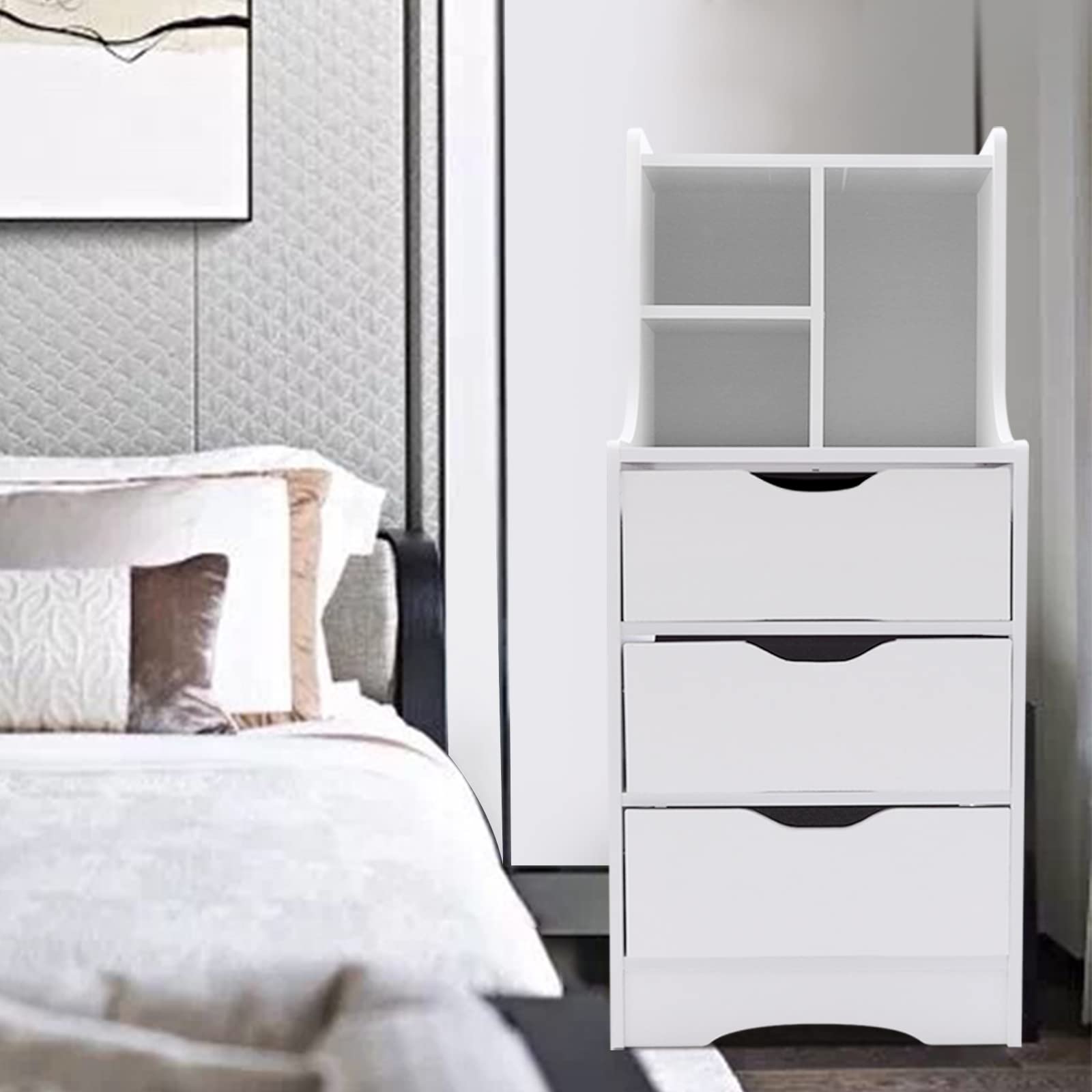 3-Drawer White Bedside Table with Open Shelf - Compact Nightstand, Bedroom Storage Cabinet Organizer - Perfect for Small Spaces, Apartment Living & Home Office Organization