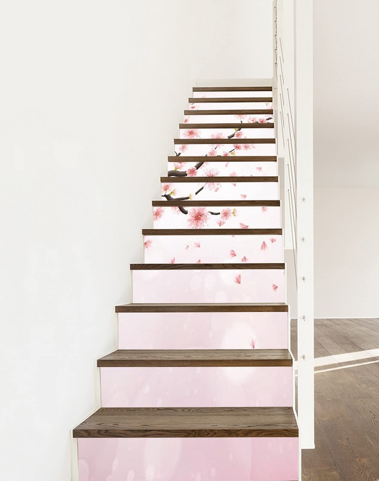 3D Self-Adhesive Removable Cherry Blossom Stair Stickers - Pink Sakura Flower Vinyl Decals for Stairs, Tiles & Walls (13-Piece Set) - Perfect for Home Decor, Kitchen Backsplash & Staircase Renovation