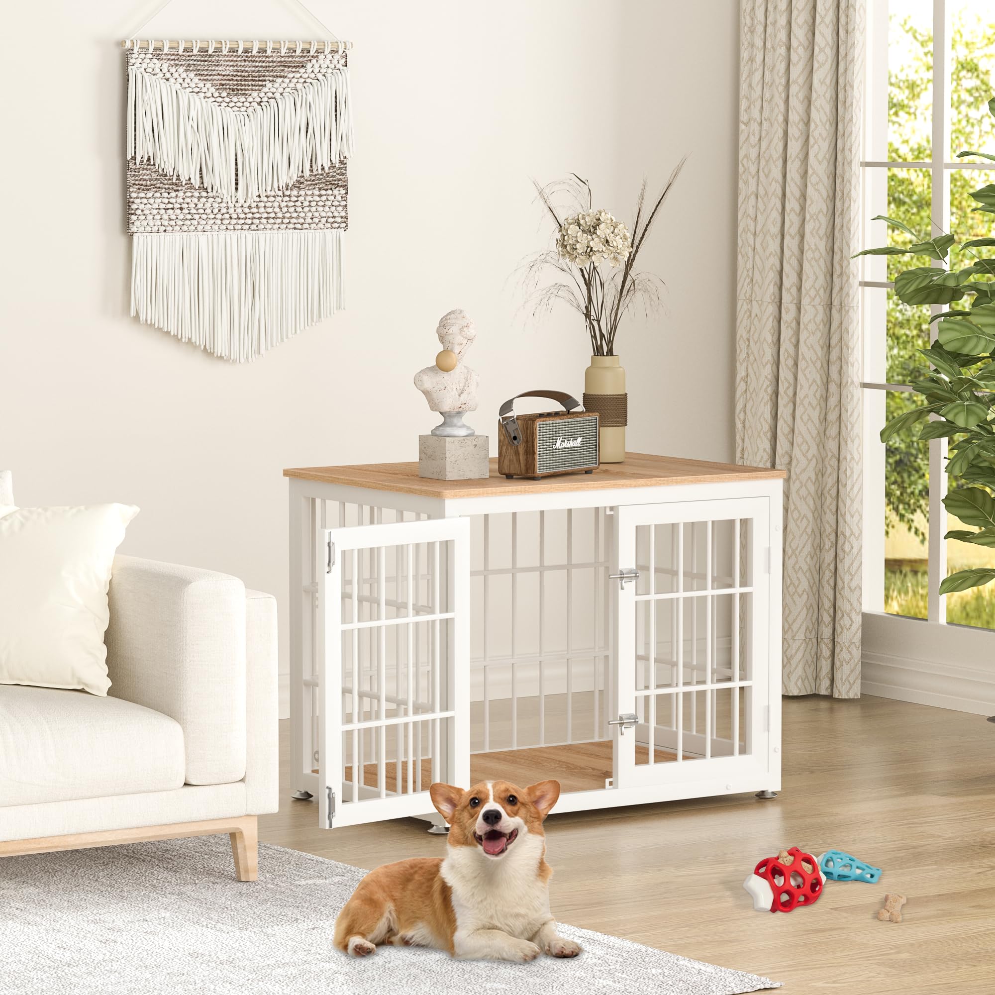 Heavy Duty Wooden Dog Crate Furniture for Small & Medium Dogs - Decorative Pet House End Table with Kennel - Indoor White & Natural Dog Cage for Living Room, Bedroom or Office