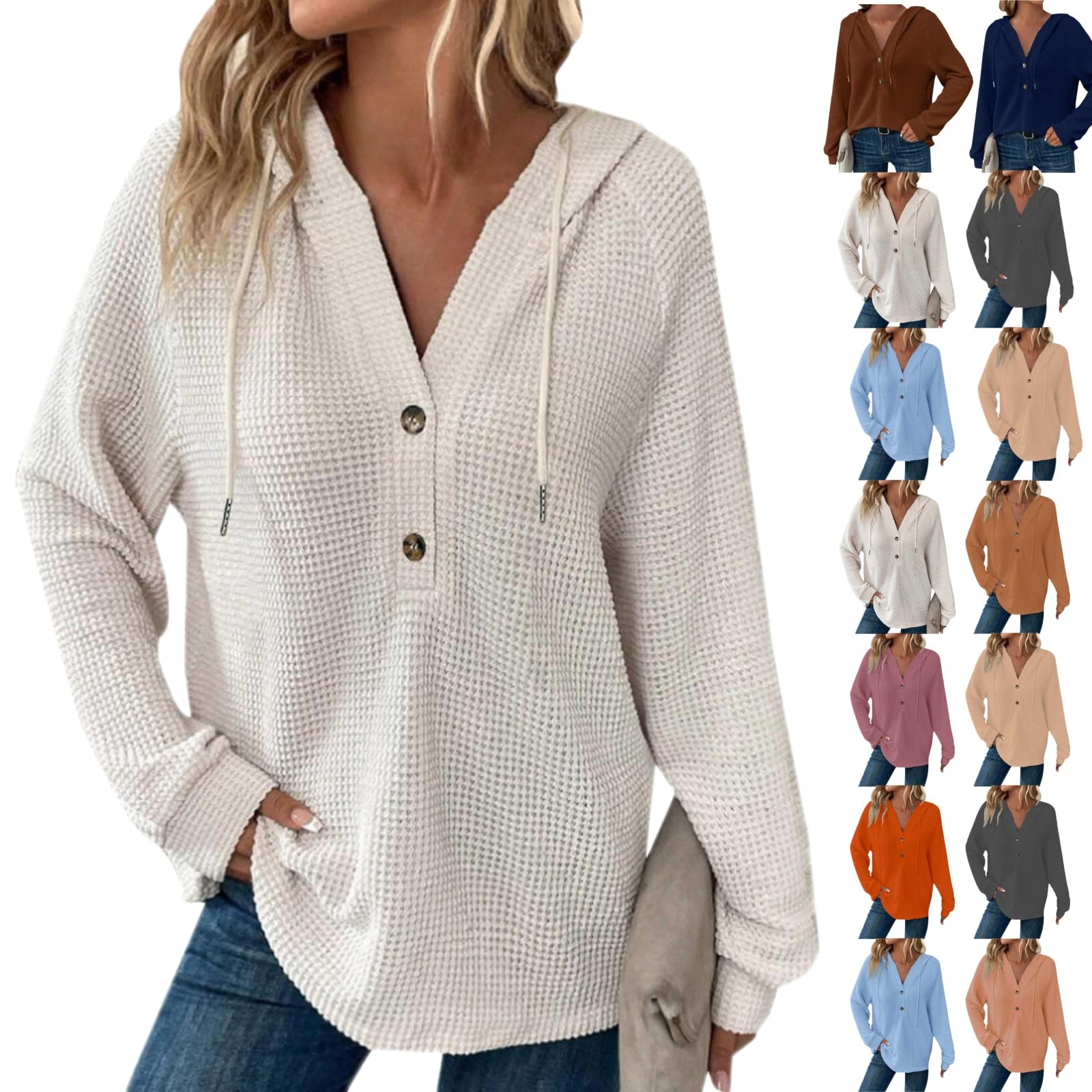 Women's Waffle Knit Hoodie - Button V-Neck Raglan Long Sleeve Pullover Sweatshirt | Fall Casual Comfortable Hooded Top for Lounge, Travel & Outdoor Activities