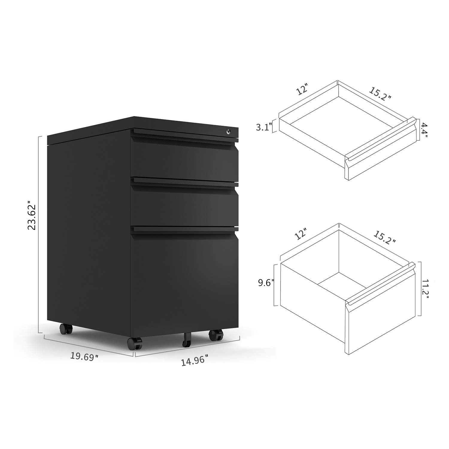 Lockable 3-Drawer Gooseneck Mobile File Cabinet with Wheels - Legal/Letter/A4 Size Metal Filing Cabinet for Home Office Storage (Black) | Perfect for Organizing Documents in Small Spaces & Shared Workspaces