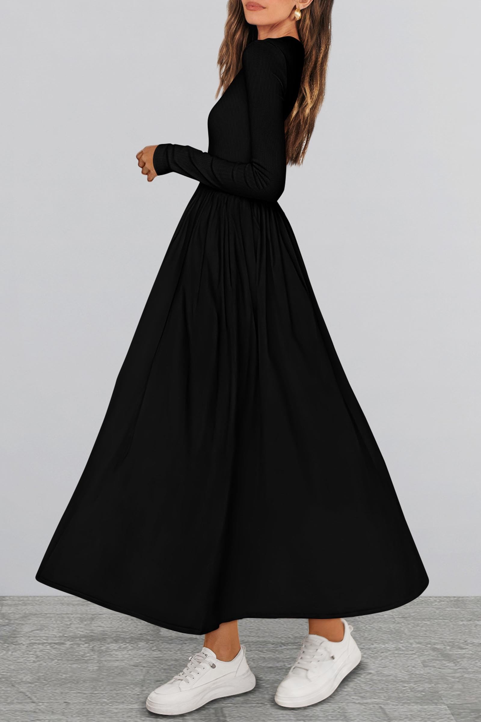 KIRUNDO Women's Casual Long Sleeve Boho Flowy Midi Dress with Pockets - Elegant Wedding Guest Dress for Spring Summer Fall 2025 | Perfect for Garden Parties, Bridal Showers & Date Nights