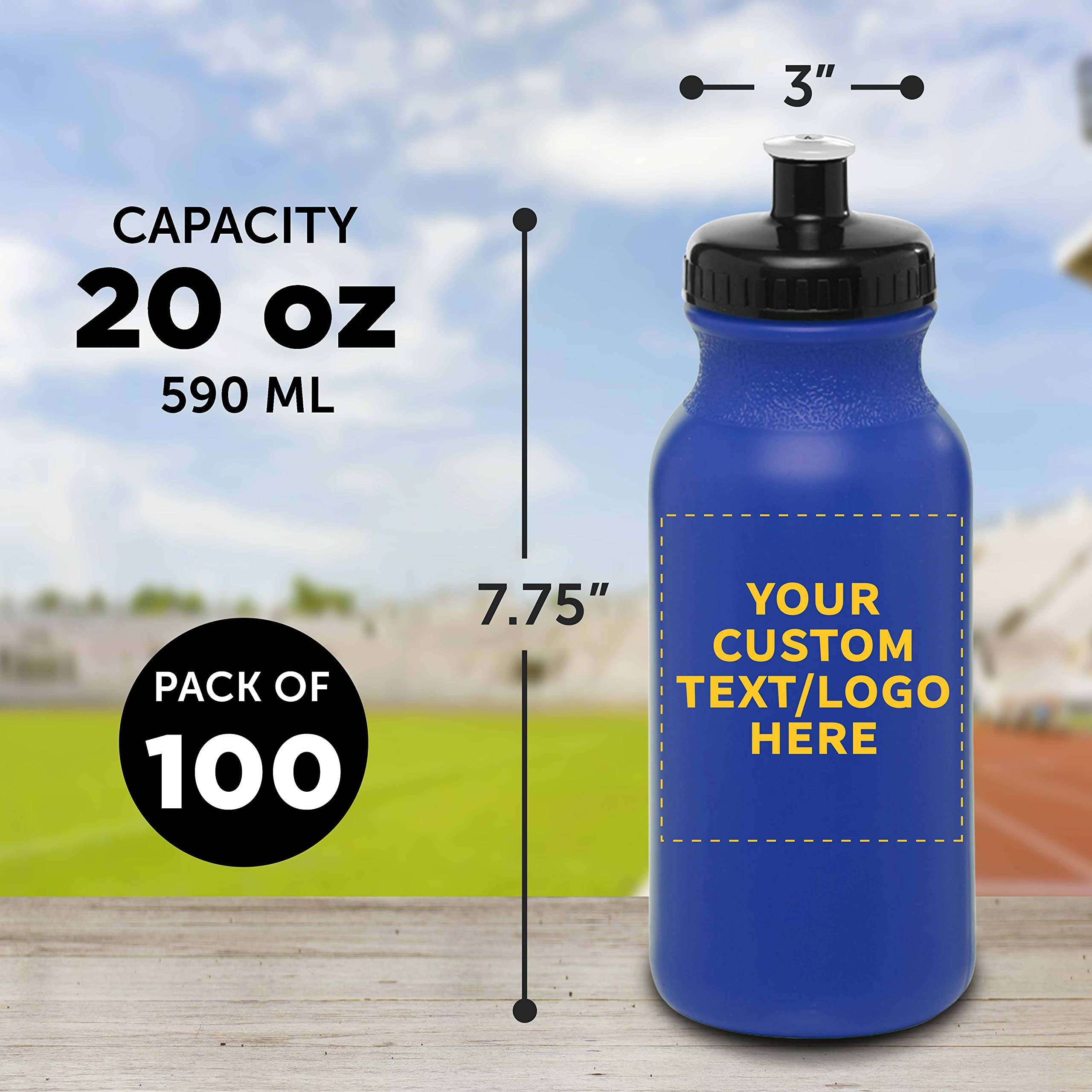 Custom 20 oz. Water Bottles with Push Cap - Bulk Pack of 100 Personalized Hydration Bottles - Ideal for Gym, Hiking, Camping & Outdoor Sports - Reflex Blue - Perfect for Team Events, Corporate Gifts & School Activities