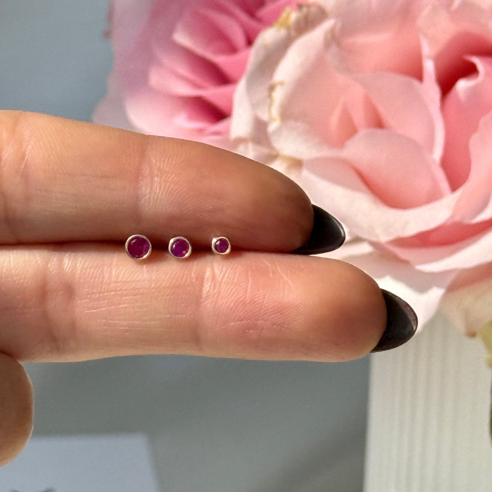 14K Yellow Gold Round Pink Ruby Stud Earrings - Flat Back Bezel Set for Women | Perfect for Everyday Wear, Parties & Gifts