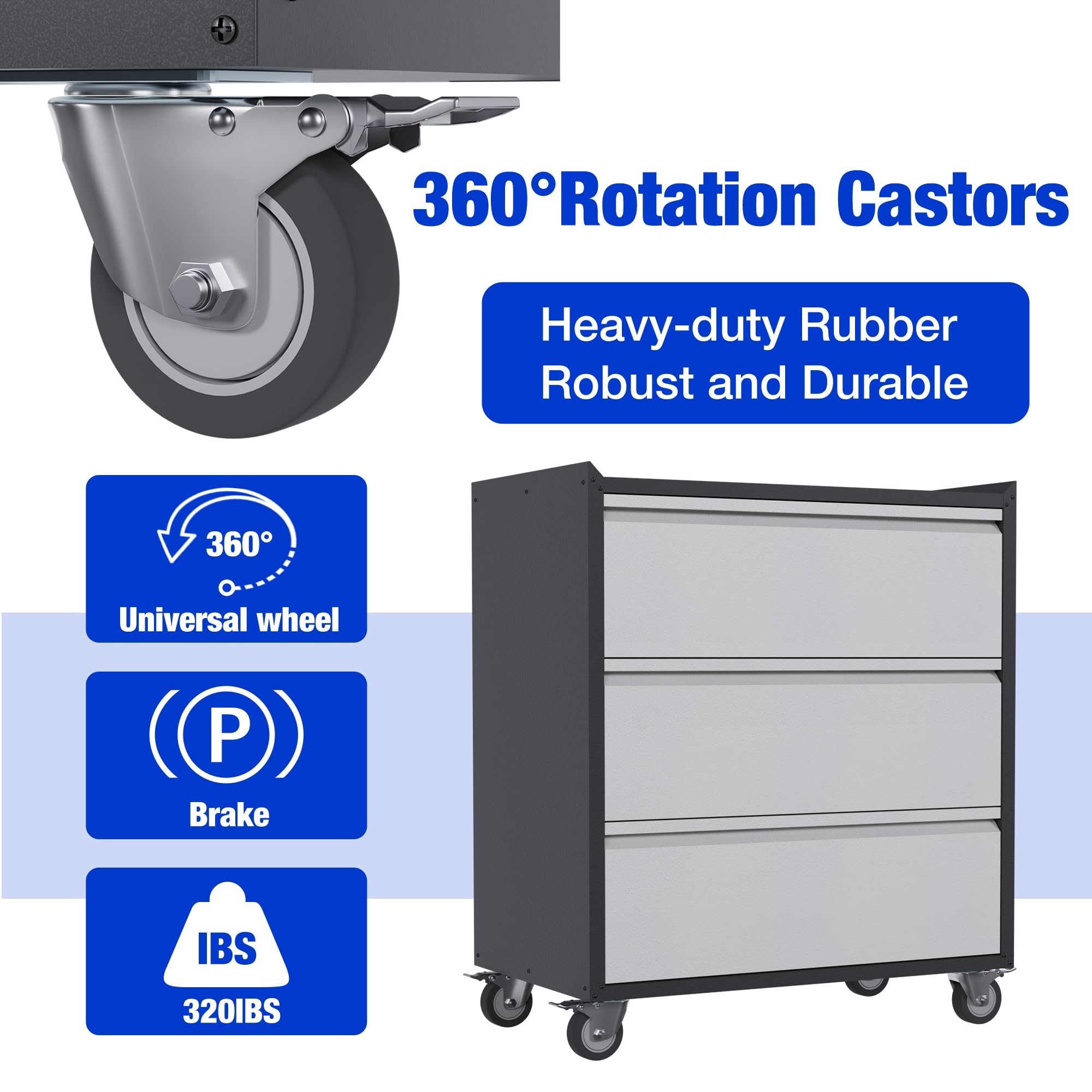 Aobabo 3-Drawer Rolling Tool Chest - Heavy-Duty Metal Garage Storage Cabinet with Wheels, Black/Gray (Assembly Required) - Perfect for Workshop, Garage & Home Organization