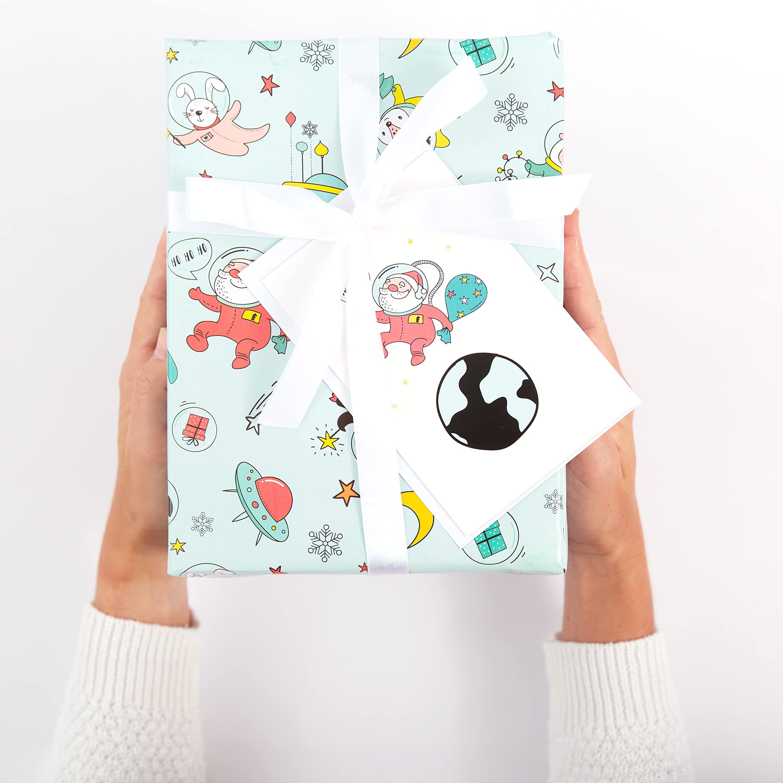 Santa in Space Christmas Wrapping Paper Set - 30x20 Inch Premium Holiday Gift Wrapping Sheets with Matching Cards & Envelopes | Festive Xmas Present Packaging for Secret Santa, Office Gifts & Family Holiday Celebrations