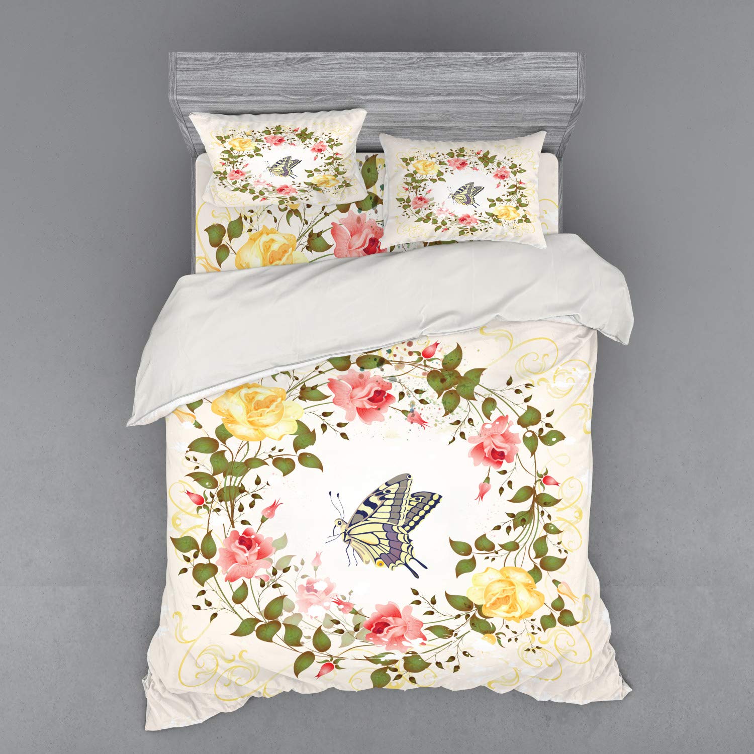 Ambesonne Vintage Rose Bedding Set - 4 Piece Queen Duvet Cover with Shams & Fitted Sheet, Romantic Floral Design with Butterfly Accent | Perfect for Master Bedroom, Guest Room & Boho Chic Decor
