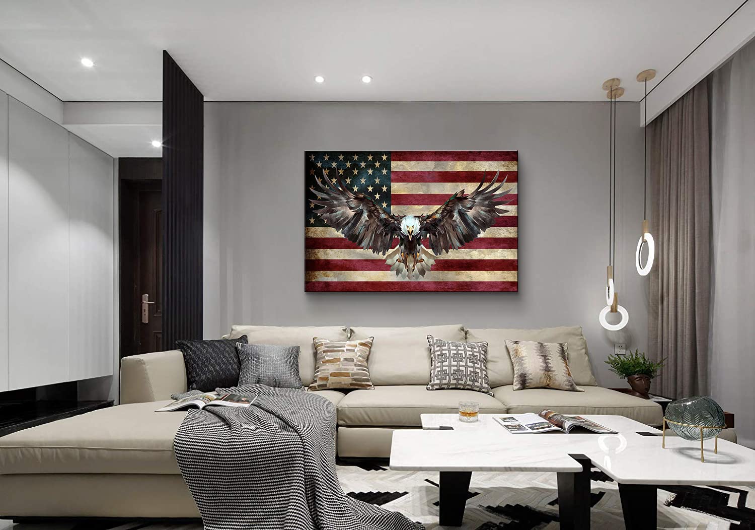 American Flag Canvas Wall Art - Patriotic Military Decor for Home, Bedroom & Living Room - 28''H x 40''W Wooden Framed USA Flag Wall Hanging - Perfect for Veterans Day, 4th of July & Army Themed Rooms