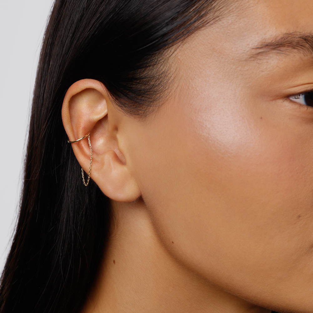 10K Gold Drop Chain Single Ear Cuff - Elegant Minimalist Earring for Women - Perfect for Parties, Weddings & Everyday Wear