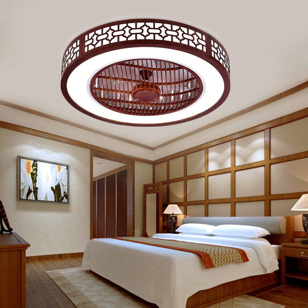 OUKANING Red Retro Low Profile Ceiling Fan with Lights - Remote Control, Dimmable LED, 3 Speed Settings - Flush Mount Bladeless Design (Japanese/Chinese/Thai Style) - Perfect for Bedroom, Living Room, Office & Dining Area - Energy Efficient & Quiet Operation