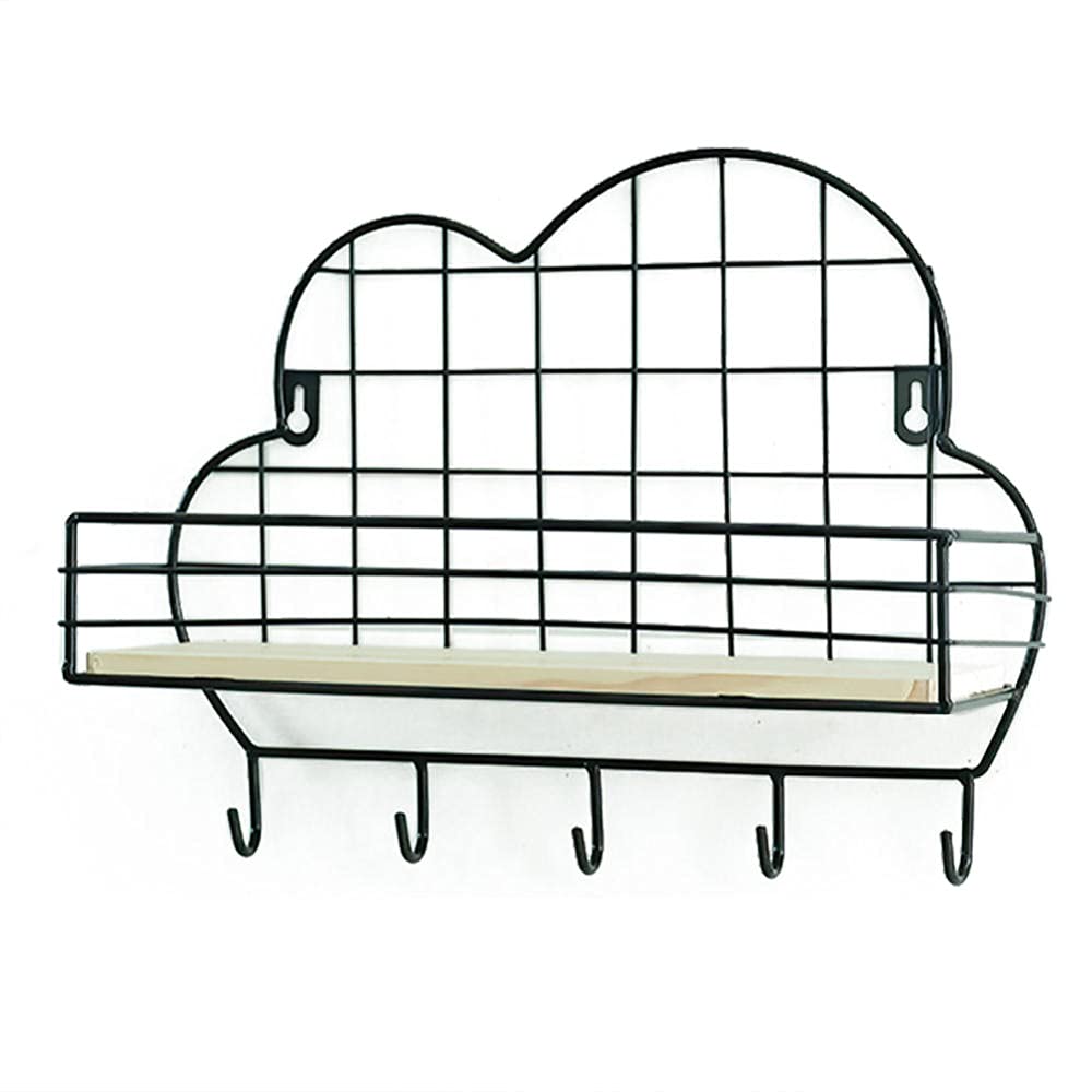 Cloud Shaped Floating Shelves Wall Mounted - Decorative Storage Shelf with 5 Metal Hooks, Multifunctional Wall Shelf for Bathroom, Kitchen, Bedroom & Living Room - Black | Perfect for Organizing Toiletries, Spices, Books & Displaying Decor