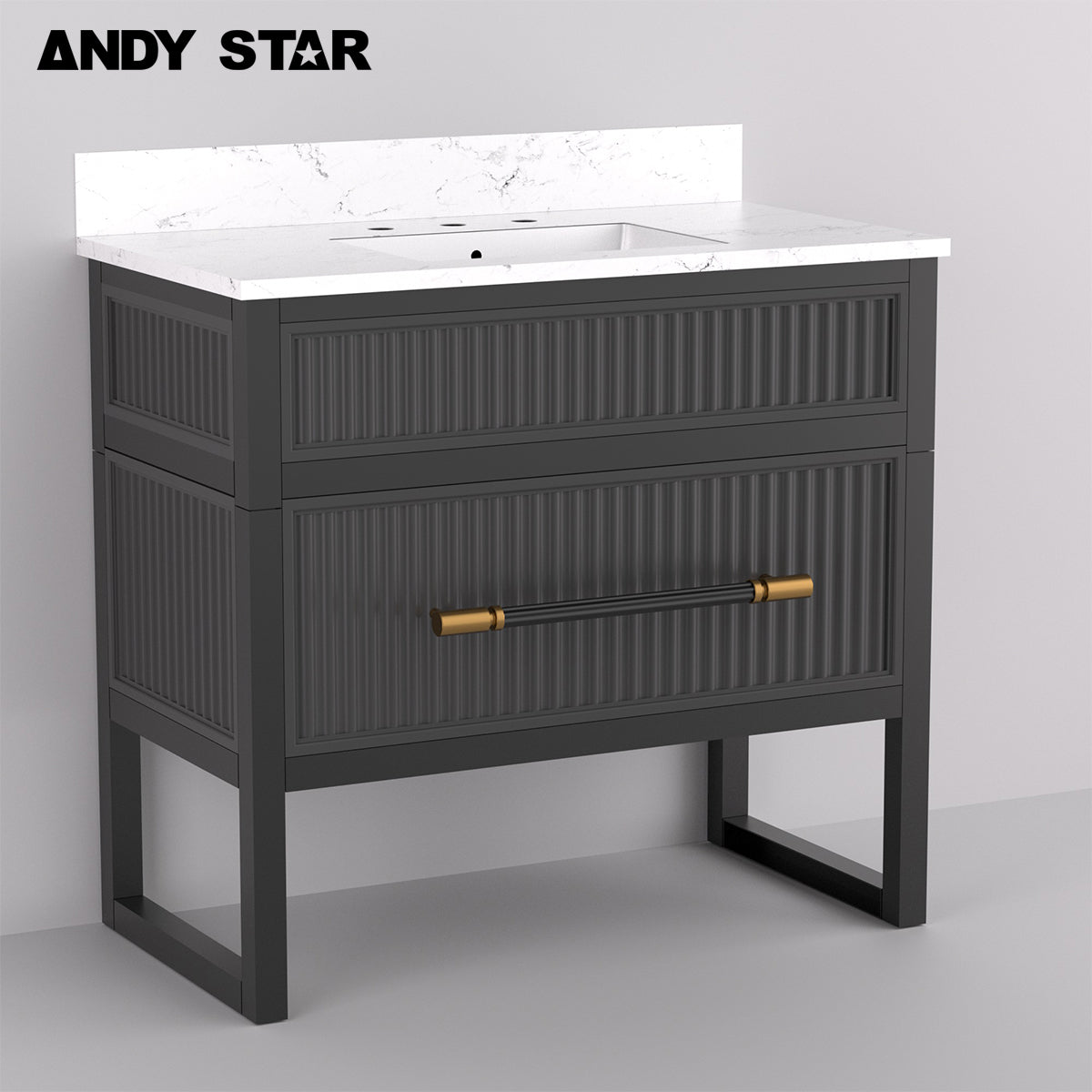 ANDY STAR 36 Inch Freestanding Single Sink Bathroom Vanity Set with Storage Cabinet, Carrara Marble Countertop & Large Drawer - Modern Bathroom Furniture for Small Spaces & Master Bath Remodel