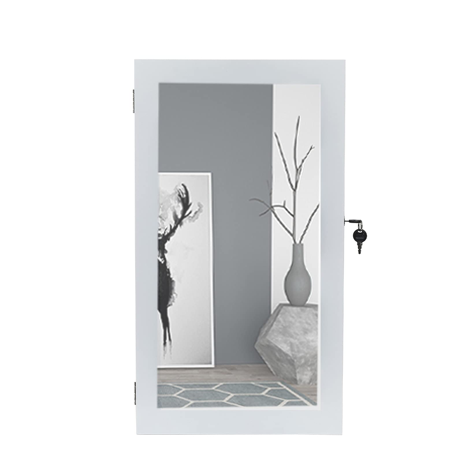 Trlec GT4-LY White Wall-Mounted Jewelry Cabinet with Mirror - Space Saving Jewelry Storage Organizer & Hanging Wall Mirror - Perfect for Bedroom, Bathroom or Closet Organization