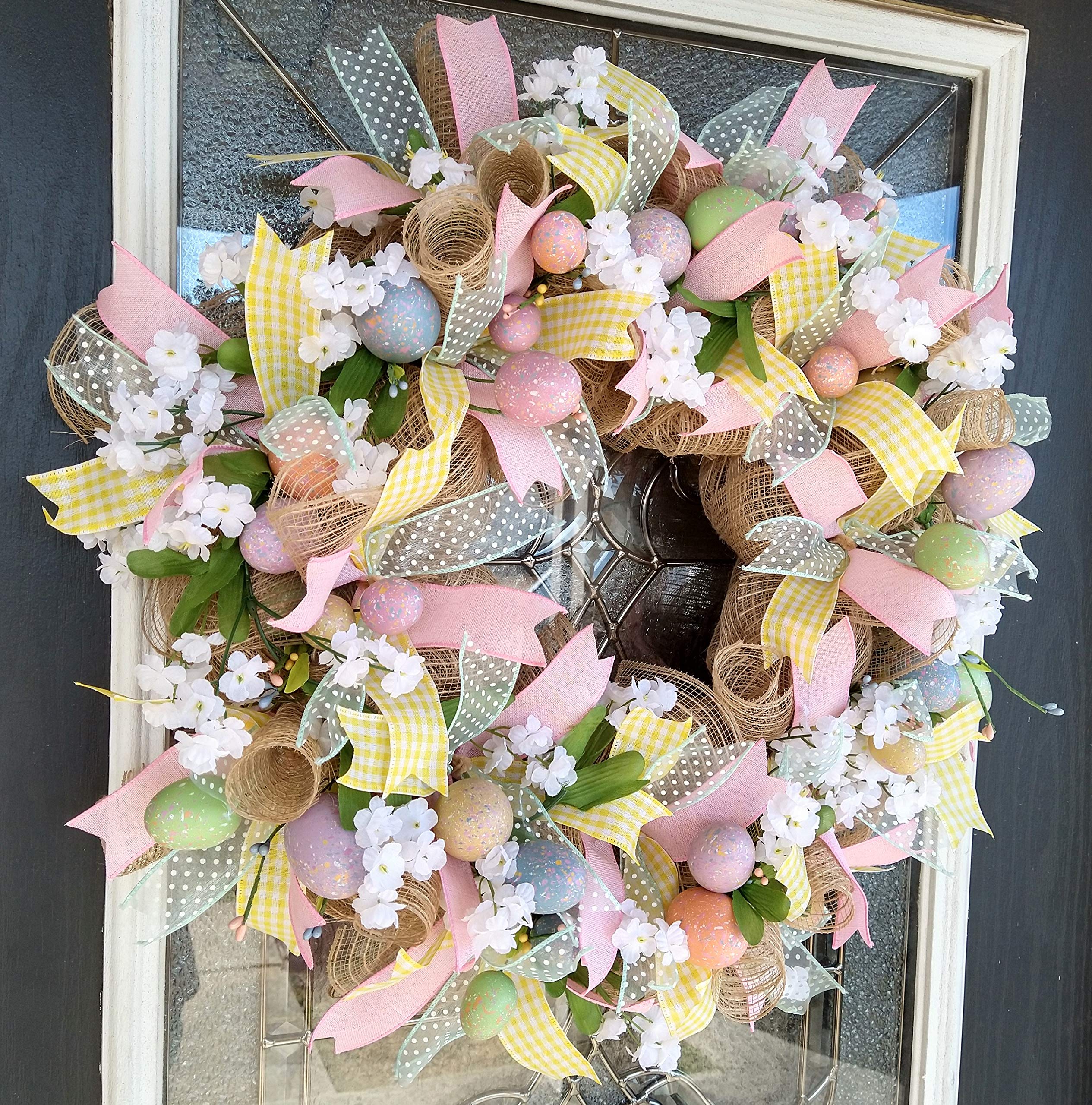 Easter Egg Spring Deco Mesh Front Door Wreath - Handmade Home Decor for Easter, Housewarming & Wedding Gifts - Perfect for Front Porch, Entryway & Seasonal Door Hangers