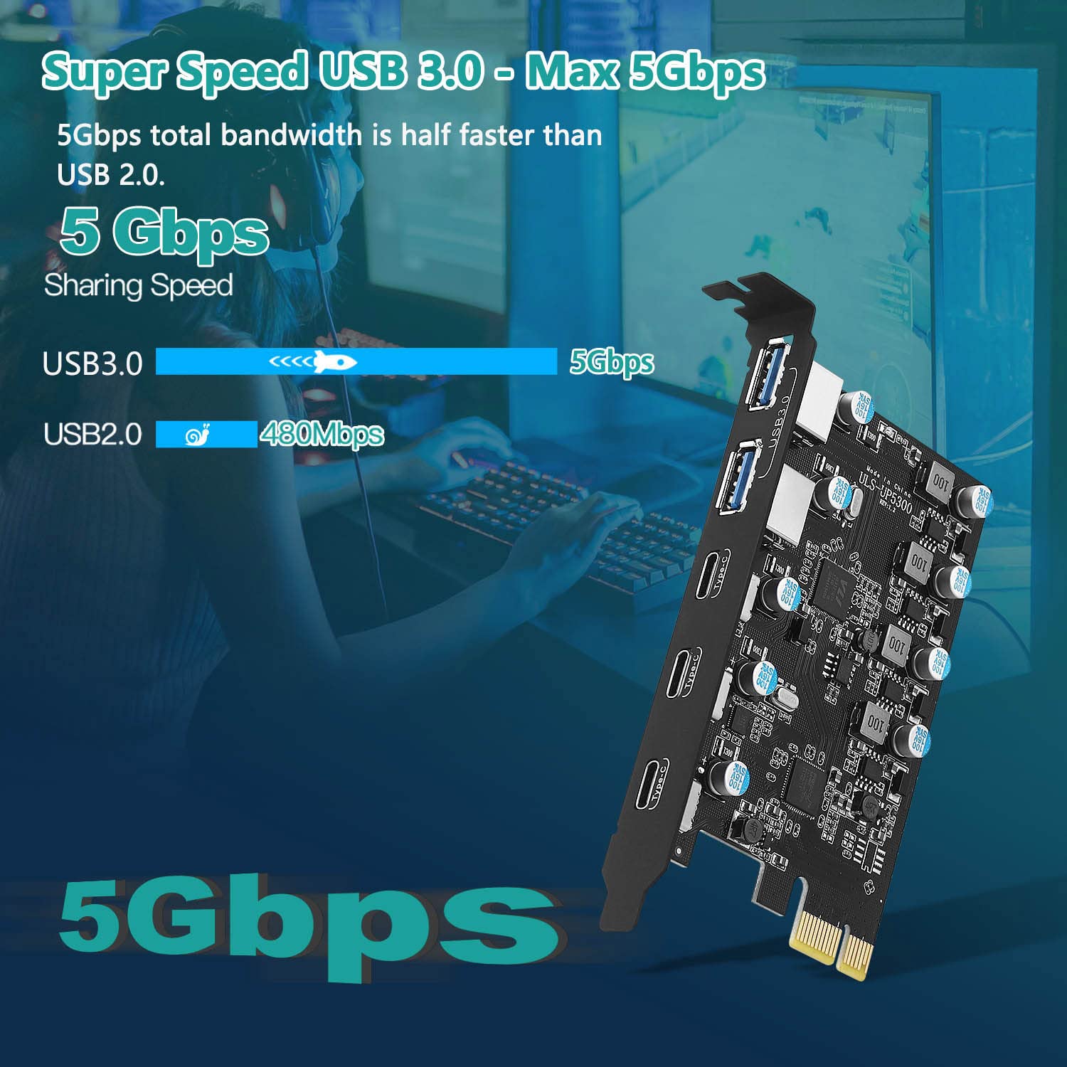 5-Port USB PCIe Expansion Card (3x USB-C, 2x USB 3.0-A) for Desktop PC - Internal PCI Express Hub Compatible with Windows 10/8/7 & Mac OS 10.8.2+ - Perfect for VR Headsets, External Storage & Multi-Device Connectivity